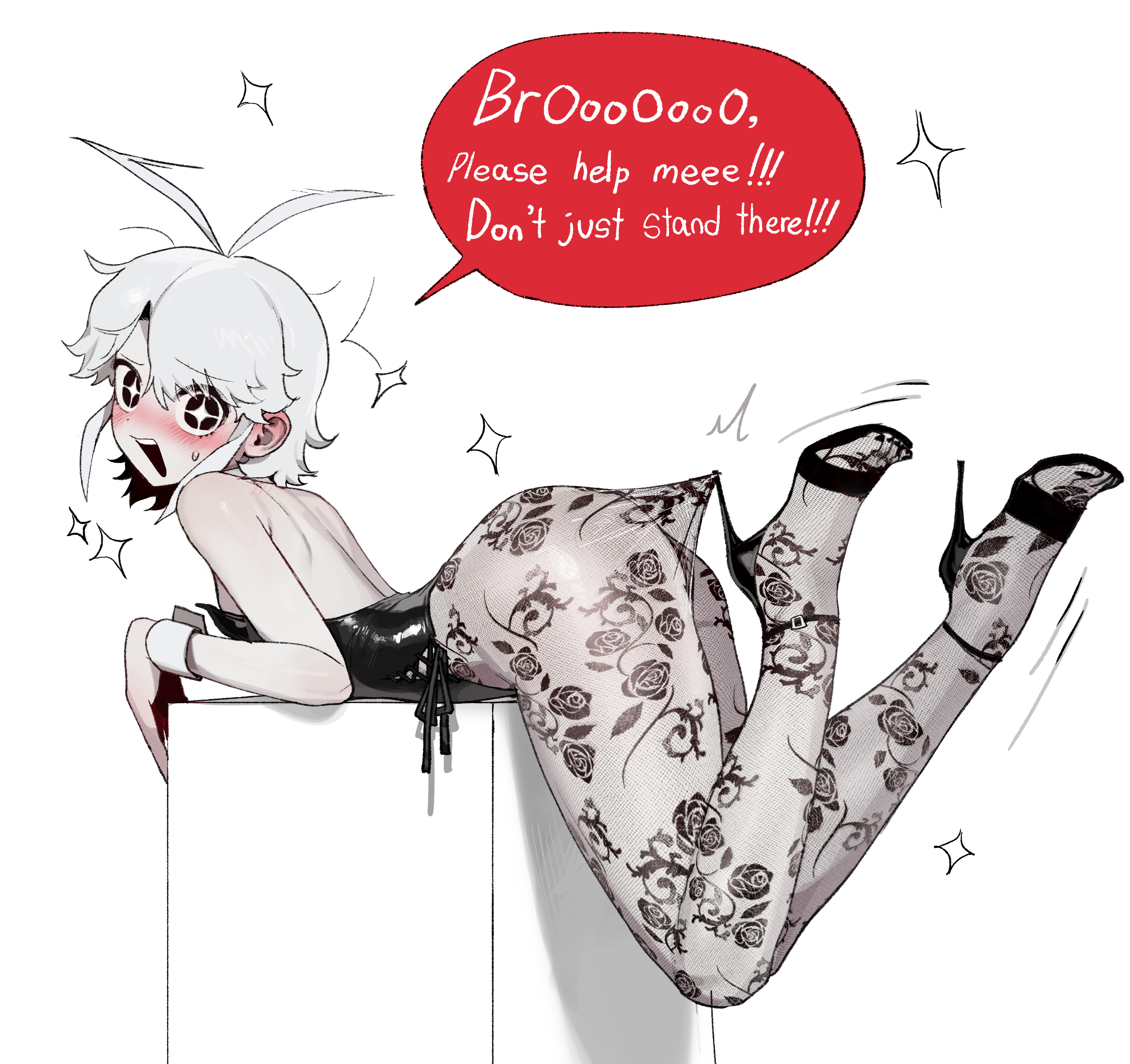1girls, ahoge, antenna hair, ass, backless leotard, backless outfit, black leotard, black nails, blush, bunnysuit, dialogue, female only, high heels, lace, lace pantyhose hooked on heel (meme), leotard, light skin, light-skinned female, menchi (oc), nail polish, painted nails, pantyhose, radon1014, short hair, side-tie leotard, small breasts, solo, speech bubble, star-shaped pupils, text, text bubble, white hair, wrist cuffs