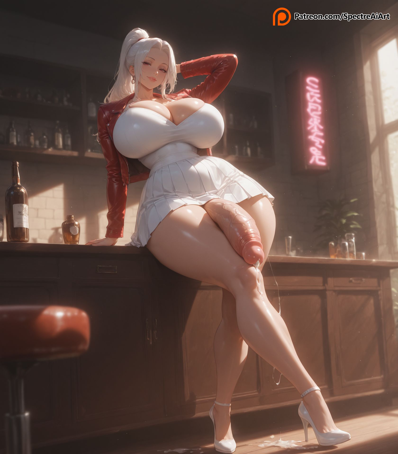 1futa, abs, ai generated, armpits, ass, balls, bar, bar counter, big breasts, blush, bottle, breasts, completely nude, counter, curvy, curvy figure, dickgirl, dominatrix, dripping cum, earrings, female, forehead, futa only, futanari, hand behind head, heels, high heels, high ponytail, high resolution, highres, huge balls, huge breasts, huge cock, huge testicles, intersex, intersex milf, jacket, leaning back, long hair, looking at viewer, milf, mommy, narrow waist, neon lights, nude, original character, penis, ponytail, red eyes, red jacket, smooth skin, solo, solo focus, solo futa, spectreai, testicles, thick, thick ass, thick legs, thick thighs, voluptuous, voluptuous futa, white dress, white hair, white heels