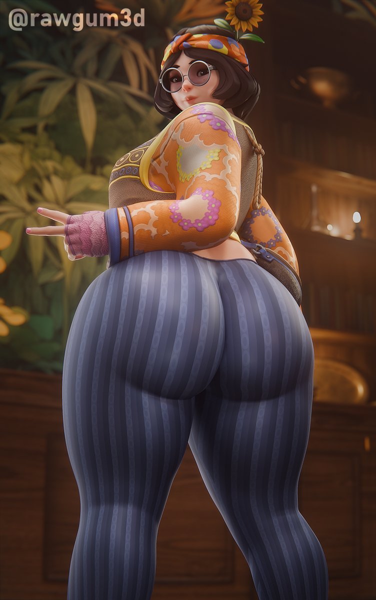 1girls, 3d, 3d (artwork), artist name, ass, ass focus, back, back view, big ass, blue pants, bottomwear, brown eyes, clothing, dat ass, eyewear, female, female only, flower, flower child mei, flower in hair, glasses, hair ornament, headband, headwear, huge ass, legs, lips, looking back, mei (overwatch), overwatch, pants, parted lips, peace sign, rawgum, short hair, solo, solo female, thighs, topwear