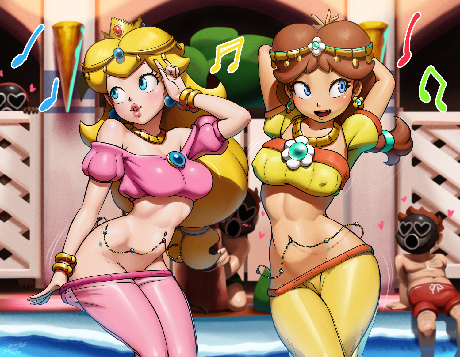 2026, 2girls, areolae, blonde hair, blue eyes, breasts, brown hair, crown, dancing, earrings, female focus, gas mask, harem outfit, hi res, long hair, luigi, male, mario, mario (series), mostly nude, multiple boys, musical note, narrowed eyes, nintendo, nipples, nude, paper mario: the origami king, pool chair, poolside, princess daisy, princess daisy (oasis), princess peach, public, revtilian, shy guy, singing