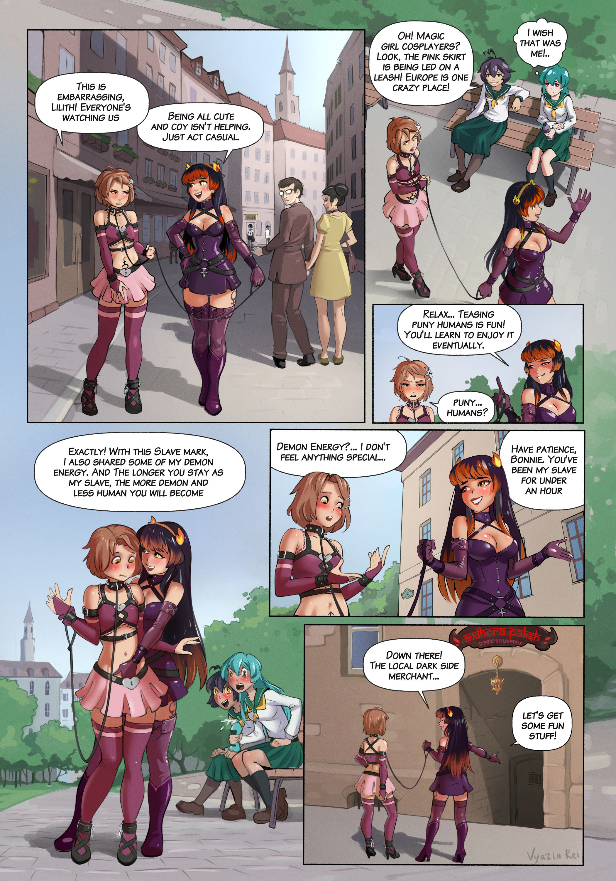 ankle cuffs, brown hair, cleavage, collar, comic, comic page, cuff (restraint), dress, elbow gloves, embarrassed, english text, female, femdom, femsub, gloves, in public, leash, leather cuffs, lezdom, long gloves, miniskirt, outdoors, outside, public, public humiliation, shiny clothes, skirt, speech bubble, stockings, text, thighhighs, thought bubble, vyazinrei, wrist cuffs