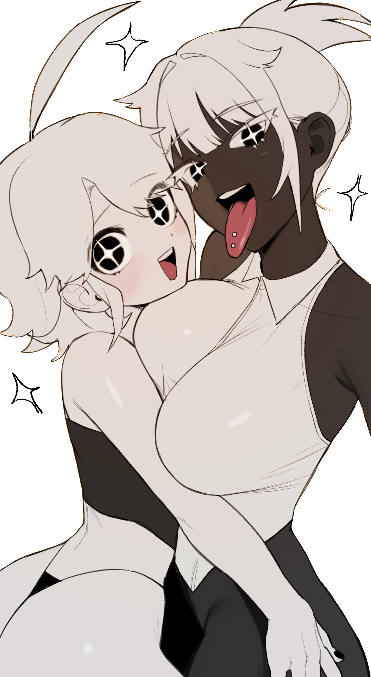 :d, 2girls, ahoge, ass, bare shoulders, black eyes, black g-string, black nails, black panties, black thong, blunt bangs, blush, breast press, dark skin, dark-skinned female, female, female only, g-string, hair intakes, highleg, highleg panties, light skin, light-skinned female, looking at viewer, menchi (oc), nail polish, painted nails, panties, radon1014, shirt, short hair, sleeveless, sleeveless shirt, star-shaped pupils, thong, tongue, tongue out, tongue piercing, tubetop, white background, white eyelashes, white hair, white shirt