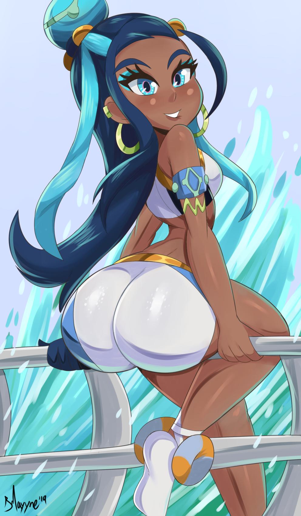 1girls, 2019, ass, back, bad id, big ass, big eyes, blue background, blue eyes, blue hair, bmayneart, bottom heavy, breasts, clothed, clothing, dark skin, dark-skinned female, earrings, eyelashes, feet, female, female only, gym leader, hair, human, long hair, nessa (pokemon), nintendo, pokemon, pokemon ss, shirt, shorts, sitting, smile, solo, text, thick thighs, thin waist, video games, watermark, wide hips