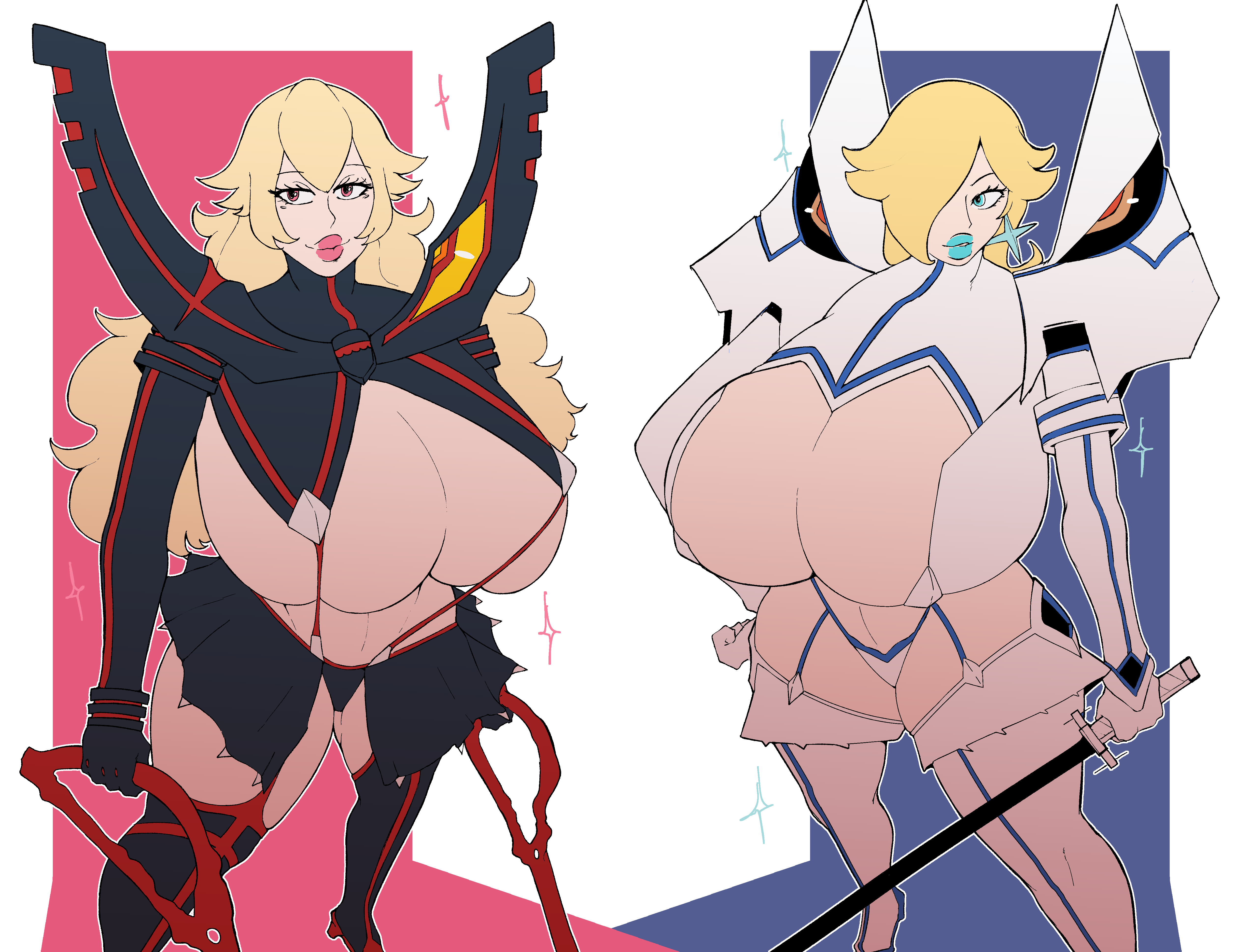 2girls, alternate version available, big breasts, black lipstick, blonde hair, blue eyes, breasts, cameltoe, cleavage, cosplay, female, female only, hair over one eye, huge breasts, junketsu (cosplay), kill la kill, kiryuuin satsuki (cosplay), large breasts, lipstick, long hair, makeup, mario (series), matoi ryuuko (cosplay), multiple girls, nintendo, princess peach, princess rosalina, revealing clothes, senketsu (cosplay), skimpy clothes, skindentation, smoxul, smozuru, super mario galaxy