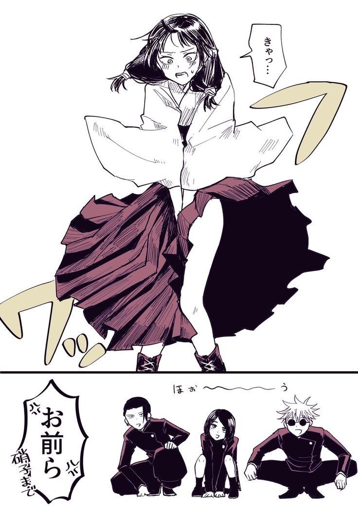2boys, 2girls, aged down, being watched, embarrassed, female, female focus, getou suguru, gojou satoru, high school, high school student, high school uniform, highschooler, japanese text, jujutsu kaisen, looking under clothing, marilyn monroe moment, peaking, pervert, satoru gojo, shoko ieiri, skirt lift, squatting, suguru geto, surprised, surprised expression, utahime iori, watching