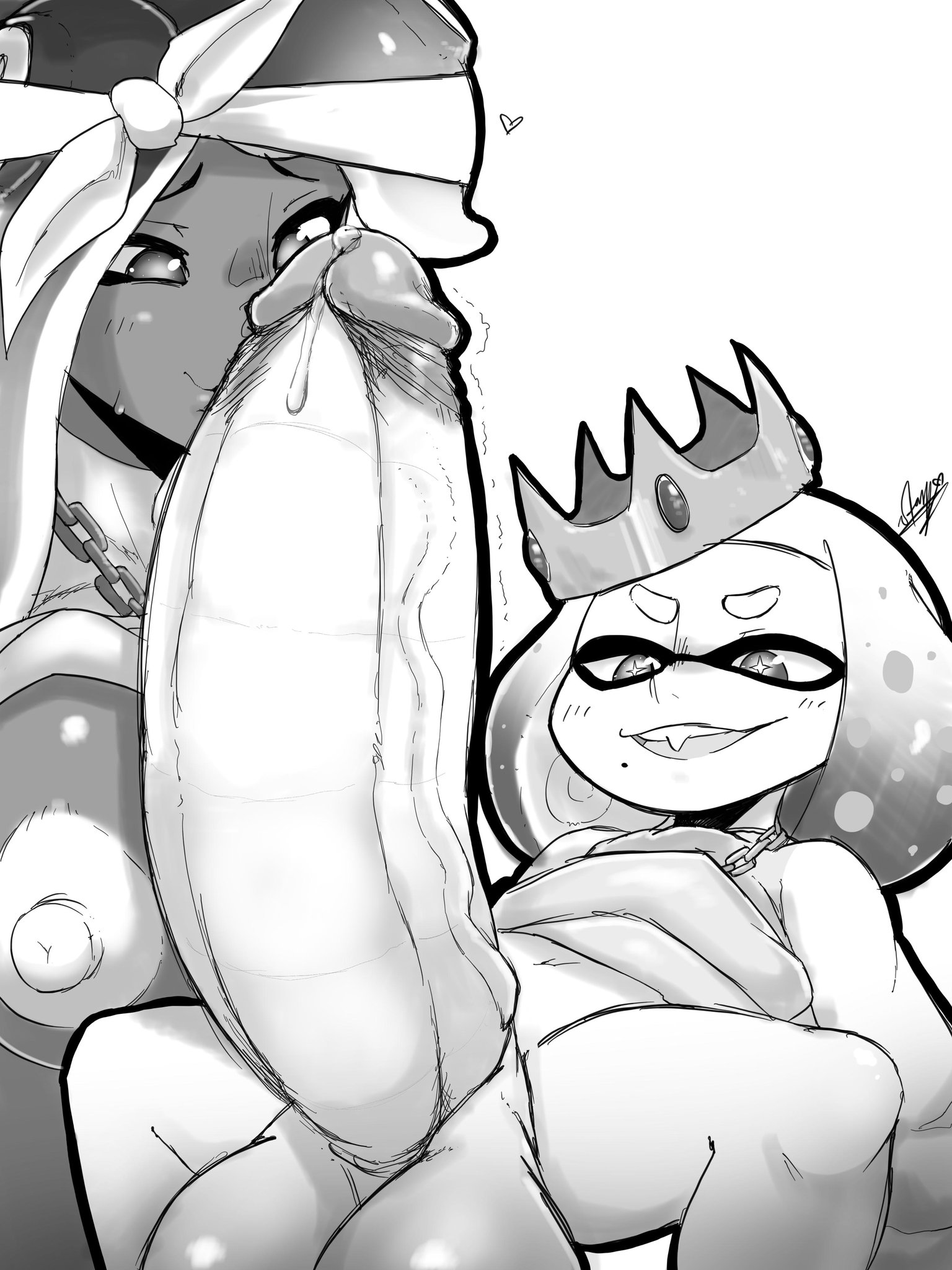 1futa, 1girls, 2019, alternate breast size, balls, black and white, bottomless, breasts, chain necklace, clothed sex, clothes, clothing, crown, dark skin, dark-skinned female, female, futa on female, futa with female, futanari, heart, huge balls, huge breasts, huge cock, hyper, hyper balls, hyper penis, inkling, interracial, intersex, kissing, kissing penis, large breasts, larger female, marina (splatoon), monochrome, nintendo, octoling, pearl (splatoon), penis, penis awe, penis kiss, penis out, precum, precum drip, size difference, small breasts, small but hung, small dom big sub, smaller futa, splatoon, splatoon 2, starykrow, thick penis, veiny penis
