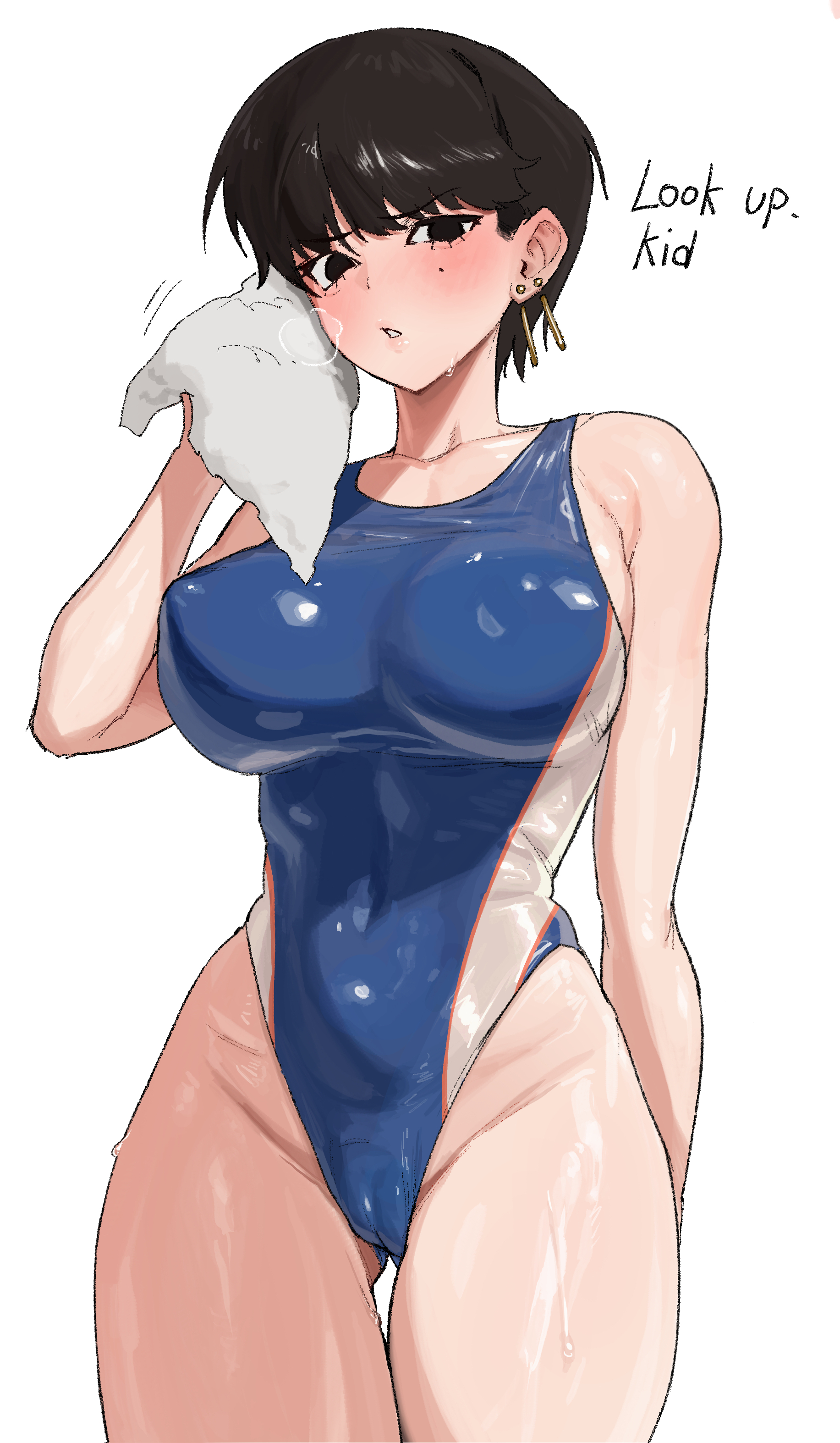 1girls, ass visible through thighs, big breasts, black eyes, black hair, blue one-piece swimsuit, blue swimsuit, blush, brown hair, cameltoe, dialogue, ear piercing, female, female only, mole, mole under eye, nipple bulge, one-piece swimsuit, radon1014, short hair, solo, swimsuit, text, white background
