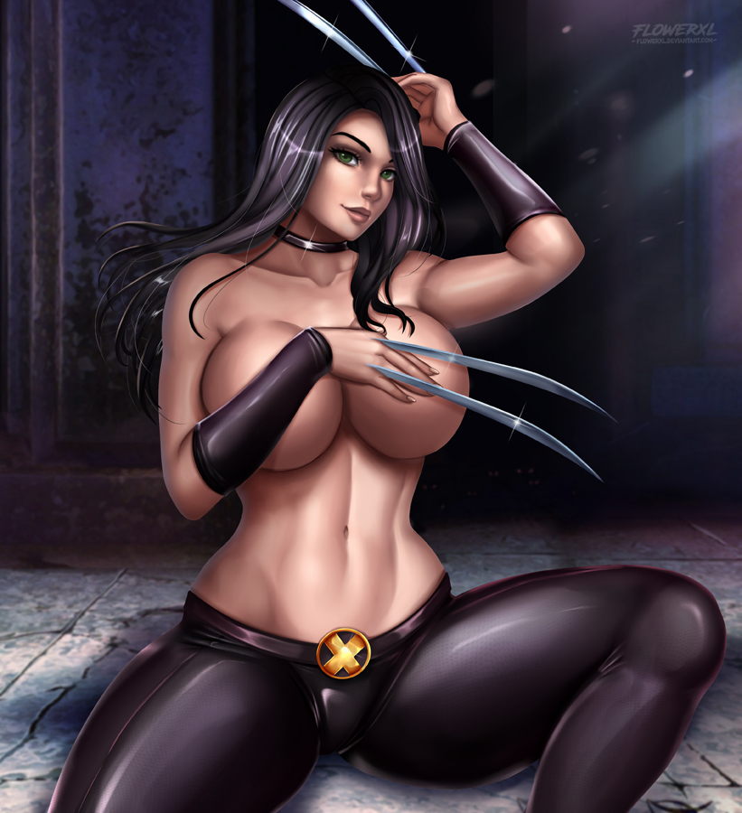 1girls, abs, big breasts, breasts, cleavage, covering breasts, female, female only, flowerxl, large breasts, laura kinney, looking at viewer, marvel, marvel comics, seductive, solo, topless, x-23, x-men