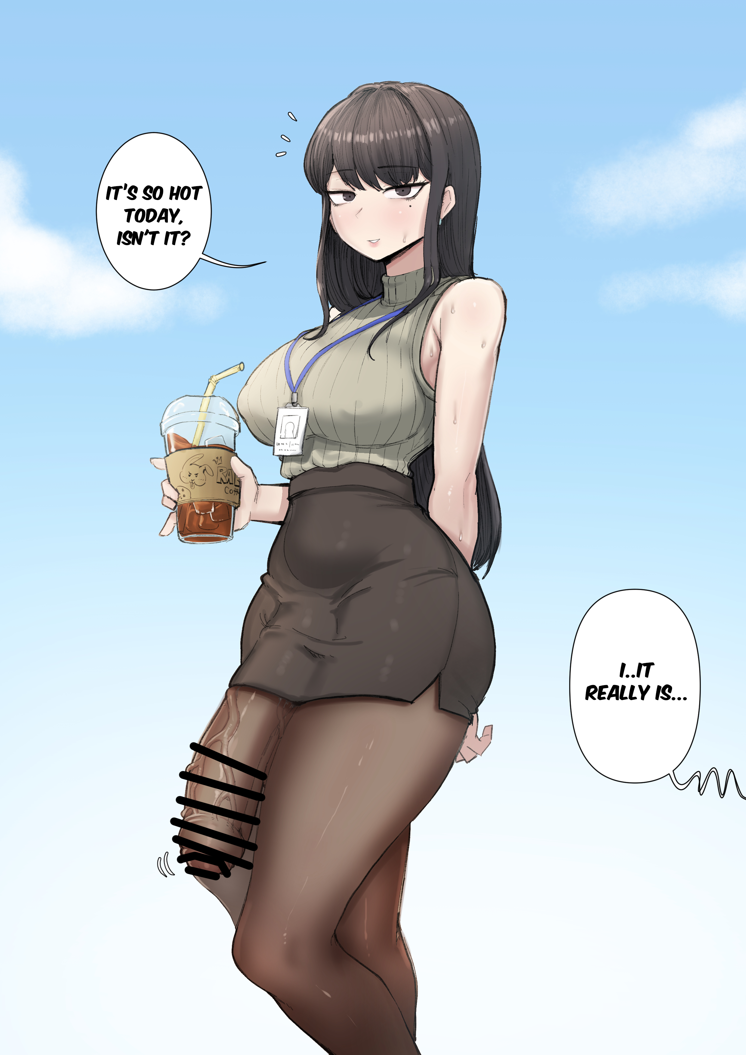 1futa, big penis, black eyes, black hair, bottomwear, bulge, bulge through clothing, casual, censor bar, censored, censored penis, clothed, clothing, dialogue, eggcandy, english, english text, eyebrows visible through hair, eyelashes, foreskin, futa only, futanari, genitals, gradient background, half-closed eyes, hi res, highres, holding object, huge cock, imminent fellatio, imminent oral, legwear, light skin, light-skinned female, long hair, looking at viewer, mole under eye, original, original character, outdoors, pantyhose, partially retracted foreskin, pencil skirt, penis, penis under clothes, penis under pantyhose, penis under skirt, penis visible through clothing, pent up, see-through, see-through clothing, skirt, solo, solo futa, speech bubble, sweat, sweaty, thick penis, throbbing penis, tight clothing, topwear, uncut, veiny penis