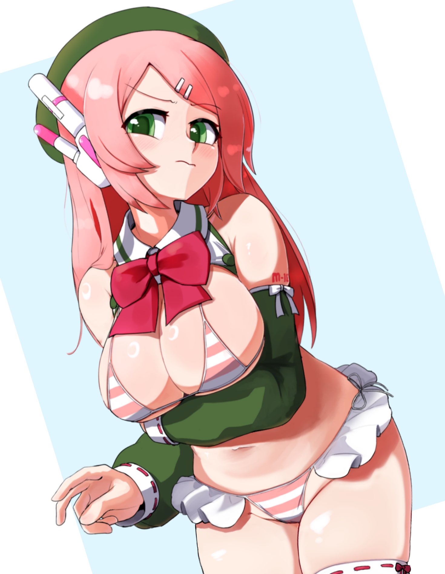 1girls arm_tattoo artist_request beret bikini bow bowtie breasts breasts_out cleavage closed_mouth detached_sleeves dress grabbing_own_breast green_dress green_eyes green_hat green_sleeves hair_ornament hairclip hat headphones highres large_breasts long_hair looking_at_viewer momone_momo navel red_bow red_bowtie ribbon solo striped_bikini striped_clothes swimsuit tattoo thighs utau white_ribbon