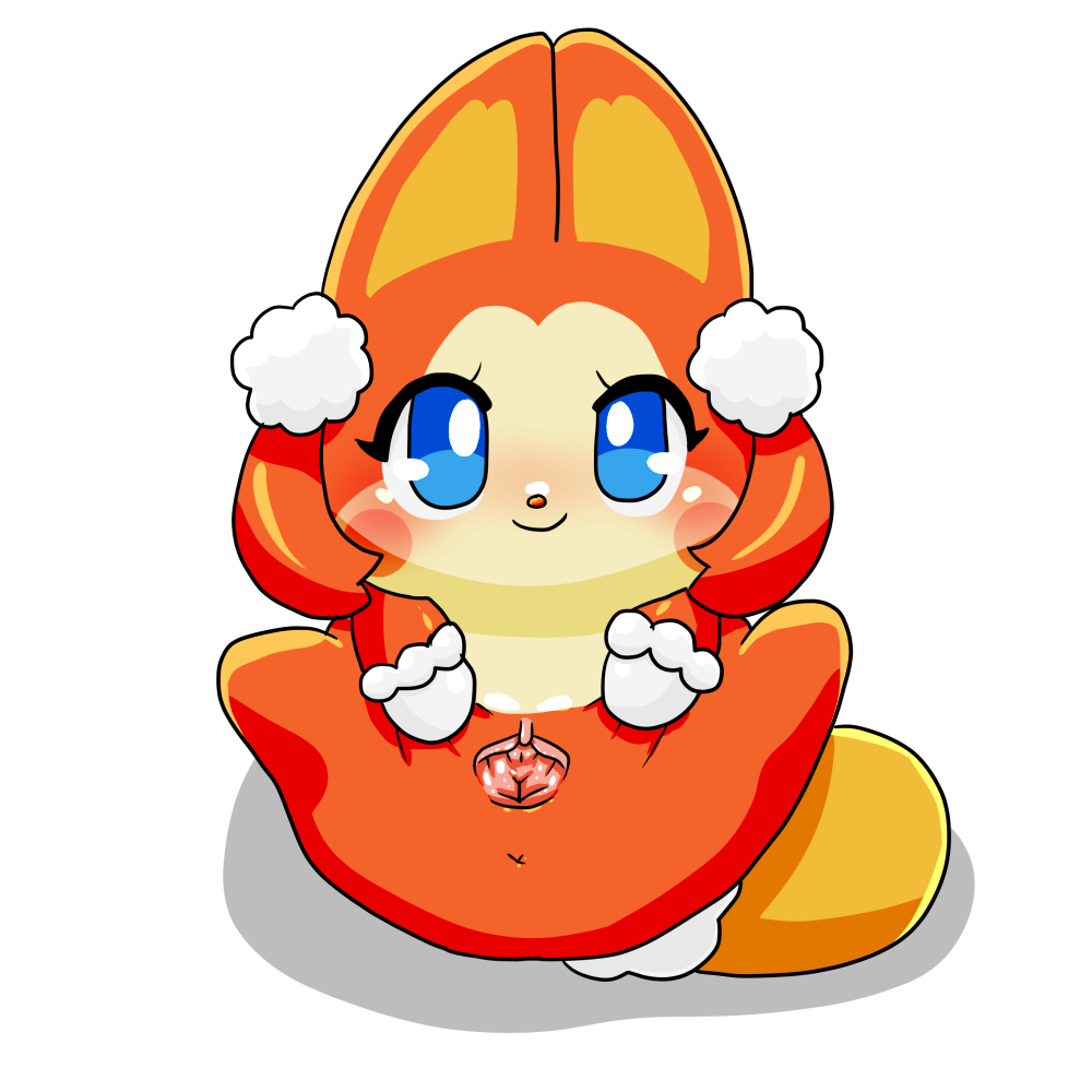 1:1 anthro anus blue_eyes blush clitoris clothing cocotama female fur gloves handwear himitsu_no_cocotama mittens orange_fur pokarin_(cocotama) presenting presenting_pussy pussy simple_background solo spreading white_background 九尾