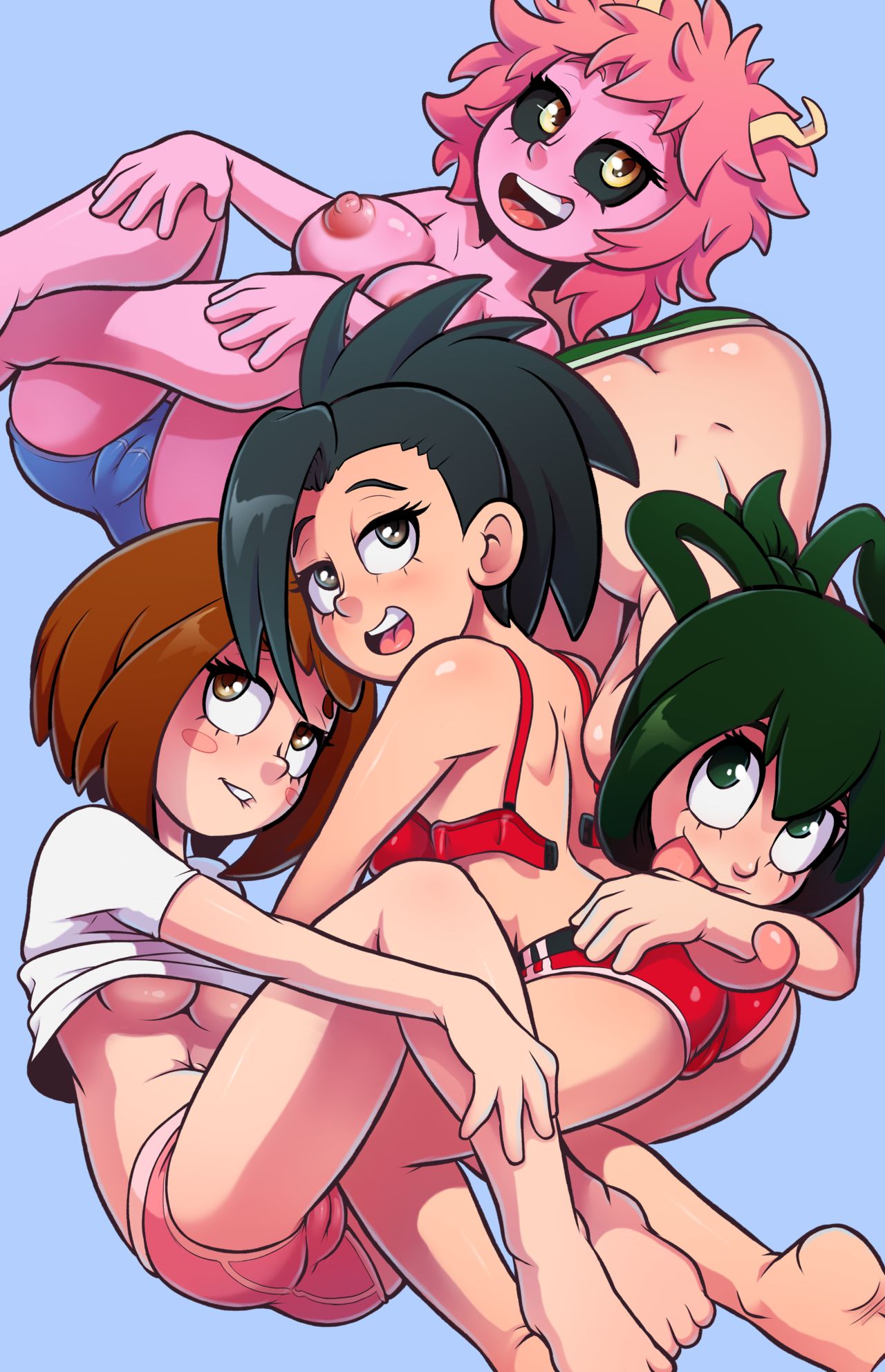 4girls, ass, ass grab, big ass, big breasts, big butt, bimbo, black hair, black-haired female, blue panties, bra, breasts, brown hair, brown-haired female, busty, cameltoe, clothing, comic, crossed legs, female, frog girl, green hair, green-haired female, leg grab, long tongue, looking at viewer, matching underwear, mina ashido, momo yaoyorozu, multiple females, multiple girls, my hero academia, nipples, ochako uraraka, open mouth, panties, pink hair, pink panties, pink skin, pink-haired female, pussy, red bra, red panties, shounen jump, simple background, teenager, the other half, tongue, tongue out, tsuyu asui, unhooked bra