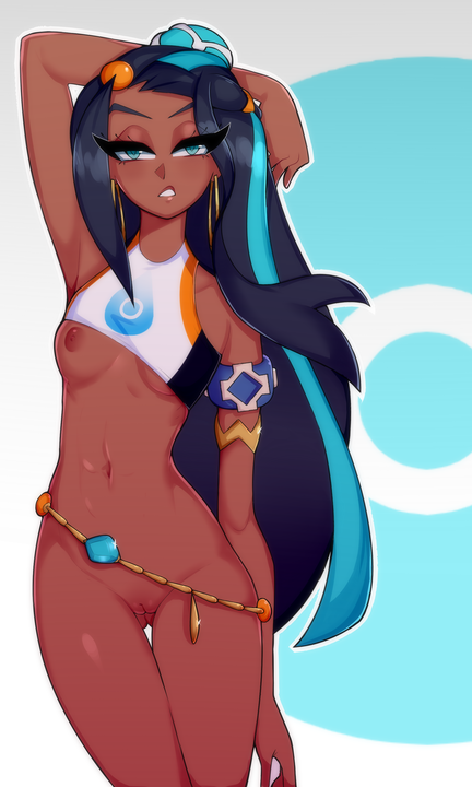 1girls abs areola areolae arm_up armpits belly big_eyes blue_background blue_eyes blue_hair bottomless bracelet breasts dark-skinned_female dark_skin earrings eye_contact eyelashes female female_only gym_leader half-closed_eyes human long_hair looking_at_viewer mitalice mostly_nude navel nessa_(pokemon) nintendo nipples one_breast_out pokemon pokemon_ss pussy shirt shirt_lift small_breasts solo thigh_gap thin_waist uncensored wide_hips