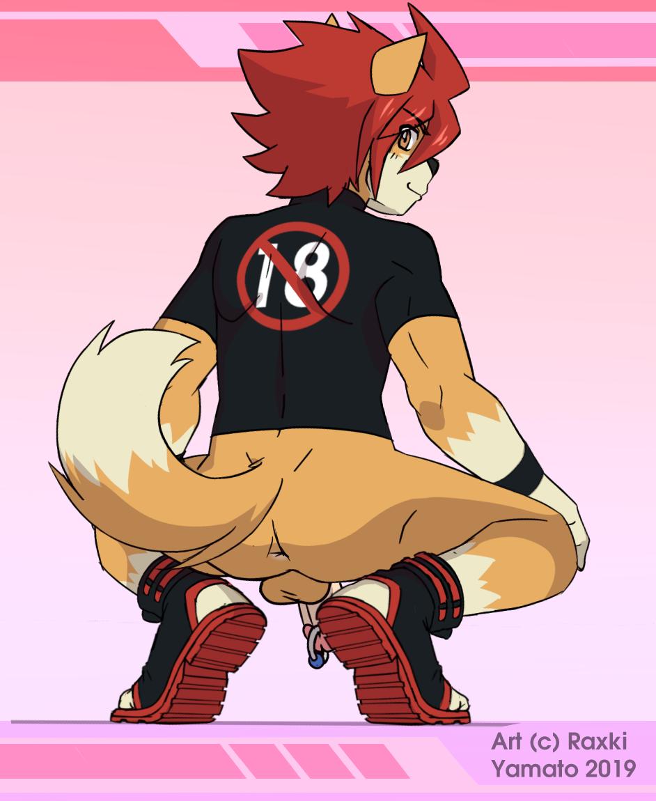 anthro anus balls canid canine canis clothing crouching domestic_dog footwear genital_piercing hair haru_(raxkiyamato) humanoid_penis looking_at_viewer looking_back male male_only mammal penis penis_piercing piercing raised_tail raxkiyamato red_hair sandals shirt solo topwear