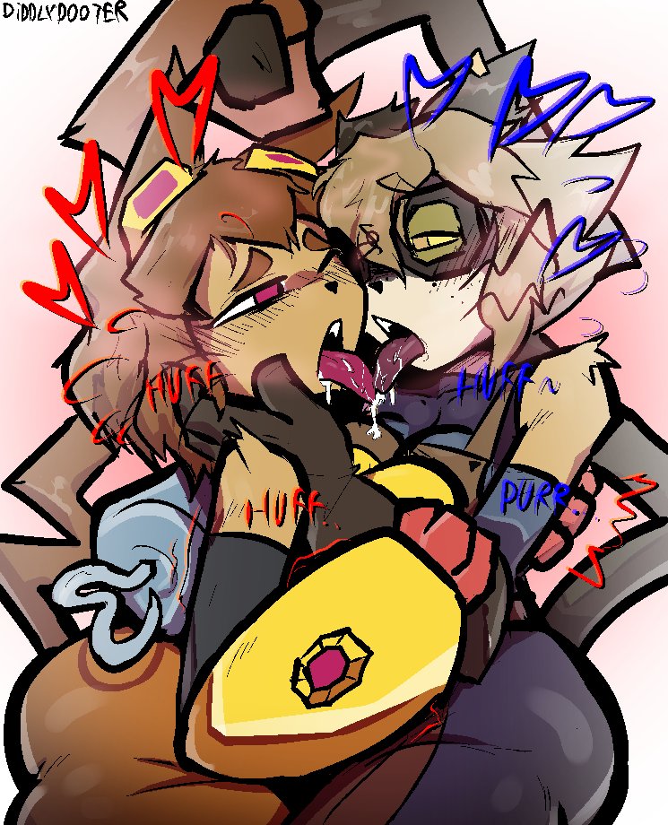 2girls, anthro, anthro on anthro, bob cut, brown fur, brown hair, cat ears, cat tail, catgirl, cyborg, cyborg girl, diddlydooter1, female, female focus, female only, freckles, freckles on face, fur, gameoverse, glitch productions, goggles, goggles on face, goggles on head, heart, heart symbol, hearts around head, kiss, kissing, kit (gameoverse), robotic arm, saliva, saliva string, saliva trail, scratch (gameoverse), yuri