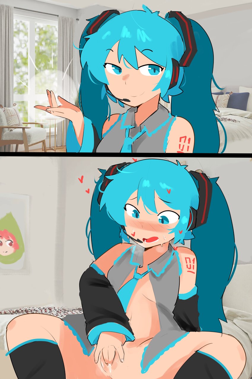 1girl, 1girls, abstractpurple (artist), aqua eyes, aqua hair, blue eyes, blue hair, bottomless, bottomless female, detached sleeves, dripping cum, fingering, fingering self, grey shirt, hatsune miku, heart, long hair, looking at viewer, masturbation, necktie, panels, pearto, pussy, smile, smug, solo, thighhighs, twintails, very long hair, vocaloid