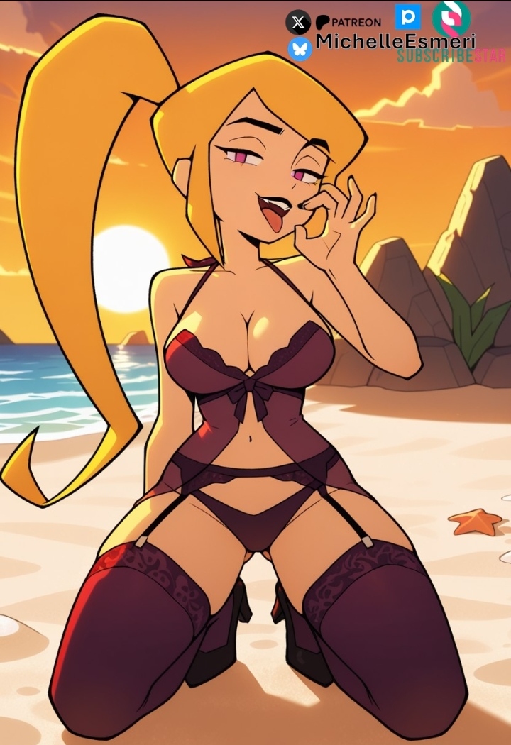 1girls, 2020s, 2026, ai generated, beach, big breasts, blonde hair, cleavage, curvy, fellatio gesture, female only, gameoverse, garter belt, garter straps, gesture, gesturing at viewer, legwear, light skin, light-skinned female, michellesme, miss information (gameoverse), panties, ponytail, purple lingerie, purple panties, solo, sun, sunset, thighhighs, twitter link, villainess, western cartoon