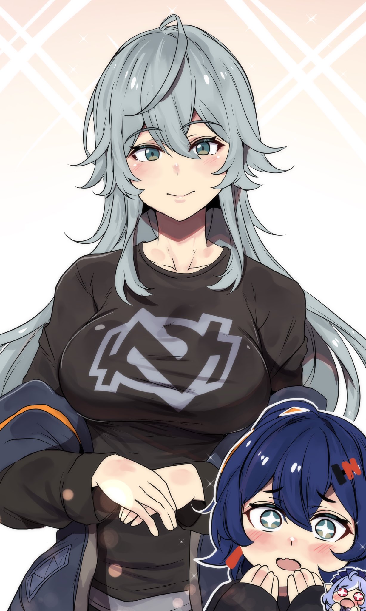 3girls, belle (zenless zone zero), big breasts, blush, brother and sister, brother and sister (lore), clothed, clothing, eyebrows visible through hair, female, female focus, female only, genderswap, genderswap (mtf), grey hair, hinghoi, hoyoverse, jacket, large breasts, light skin, light-skinned female, long hair, long sleeves, mihoyo, open mouth, rule 63, safe for work, sfw, short hair, sibling (lore), siblings, sisters, smile, sparkles, sparkling eyes, surprised, vivian banshee, wise (zenless zone zero), zenless zone zero