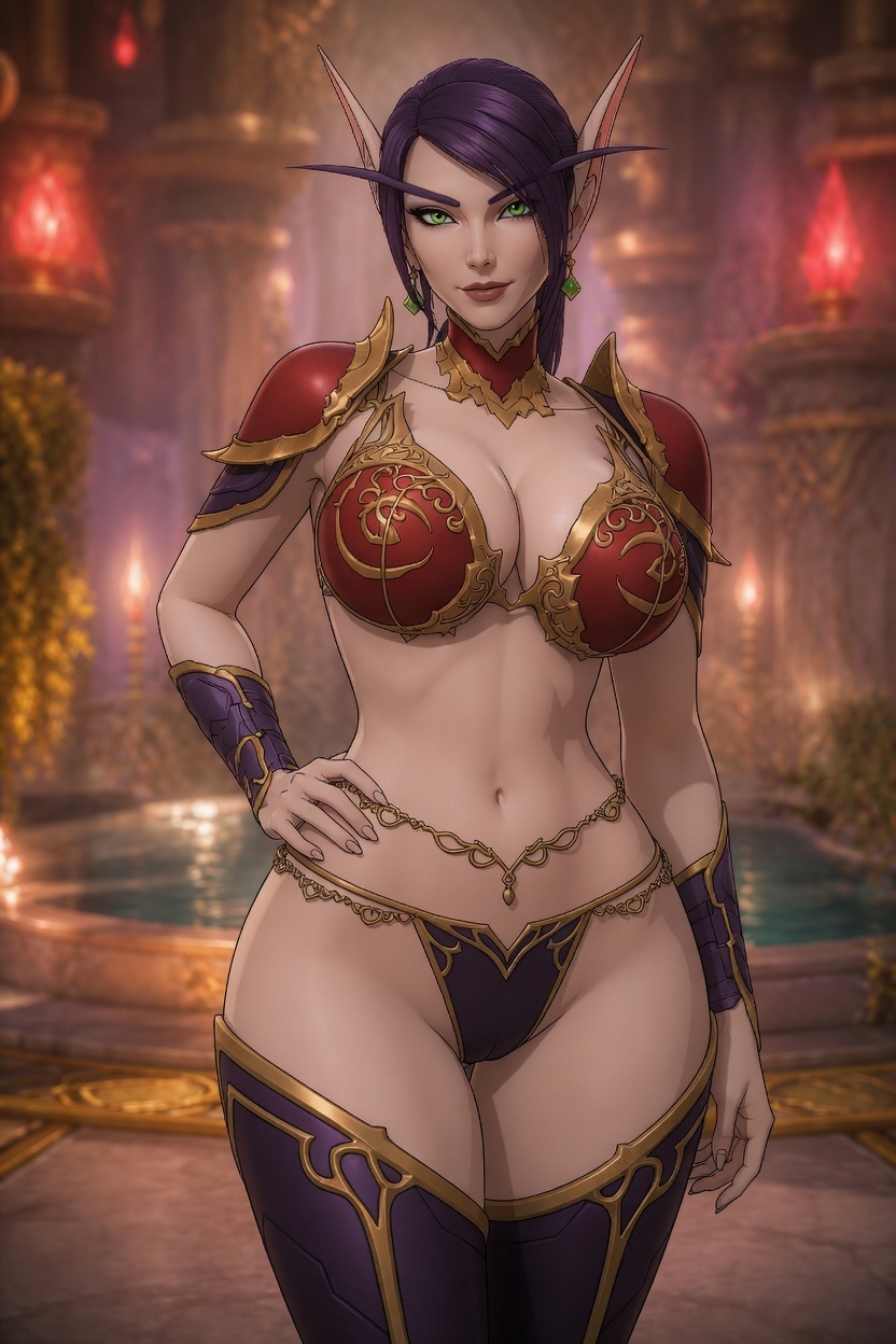 1girls, ai generated, architecture, bangs, belly button, bikini armor, black outline, blood elf, blurry background, bracers, breastplate, cel shading, cleavage, dark hair, earrings, elf ears, elf female, eyebrows visible through hair, eyelashes, eyeshadow, fantasy, fantasy world, female, female only, fountain, green earrings, green eyes, grok, hair over one eye, hand on hip, hourglass figure, large breasts, light-skinned female, lighting, lipstick, long eyebrows, looking at viewer, low ponytail, luxurious, luxury, midriff, narrow waist, neck armor, neck cuff, night time, oc, one hand on hip, original character, pauldrons, poolside, purple hair, revealing clothes, rgomez007, royal, royalty, seductive look, self upload, shoulder armor, slight smile, smiling at viewer, solo female, standing, thick lips, thick thighs, thigh armor, tied hair, waist chain, wide hips, world of warcraft