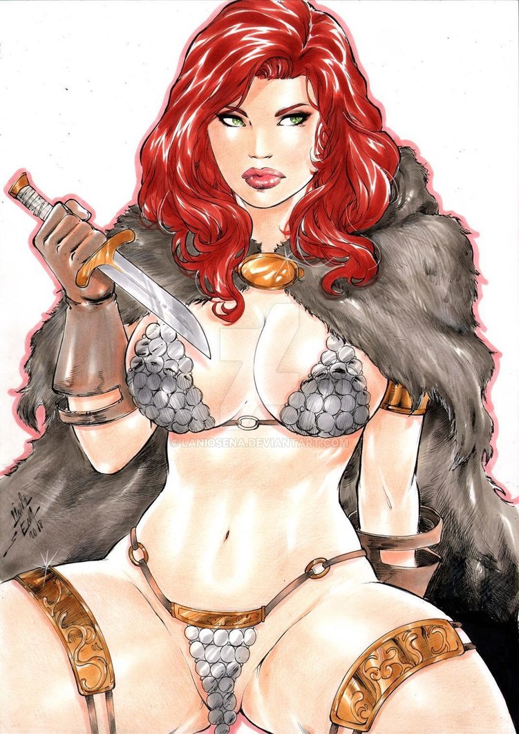 1girls 2018 armor belly_button big_breasts bikini bikini_armor breasts brown_fur brown_gloves busty cape chainmail chainmail_bikini chainmail_bra chainmail_panties cleavage cloak conan_the_barbarian_(series) curvaceous curvy dagger dated deviantart dynamite_comics ed_benes_studio exposed_crotch female female_only fur_cape fur_coat gloves green_eyes holding_knife holding_sword human knife lanio_sena leather_gloves loincloth long_hair makeup metallic_clothing midriff navel pink_lips pink_lipstick pinup red_hair red_sonja red_sonja_(comics) revealing_clothes signature skimpy_clothes solo stomach thick_thighs thighs voluptuous warrior watermark