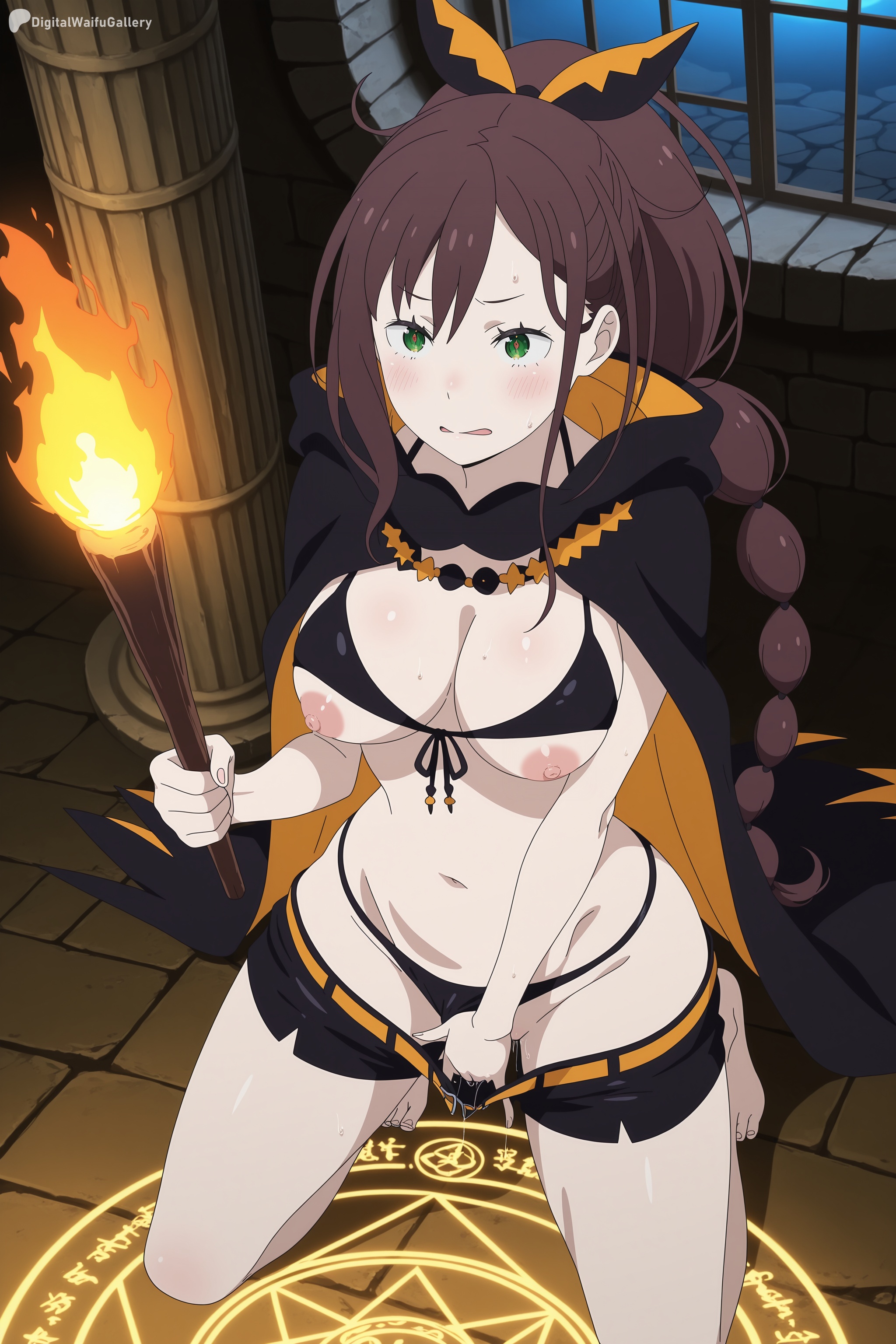1girl, ai generated, barefoot, belt, bikini, black bikini, black cape, black shorts, blush, braid, breasts, breasts out, brown hair, cape, clothes pull, digitalwaifugallery, female masturbation, fire, front-tie bikini top, front-tie top, full body, green eyes, hi res, high quality, high resolution, holding, kneeling, large breasts, long hair, magic circle, masturbation, multi-tied hair, navel, nipples, open mouth, orange belt, patreon, ponytail, pussy juice, re:zero kara hajimeru isekai seikatsu, seductive, sexy, shaula (re:zero), short shorts, shorts, shorts pull, solo, stomach, sweat, swimsuit, torch, uncensored, very long hair, watermark