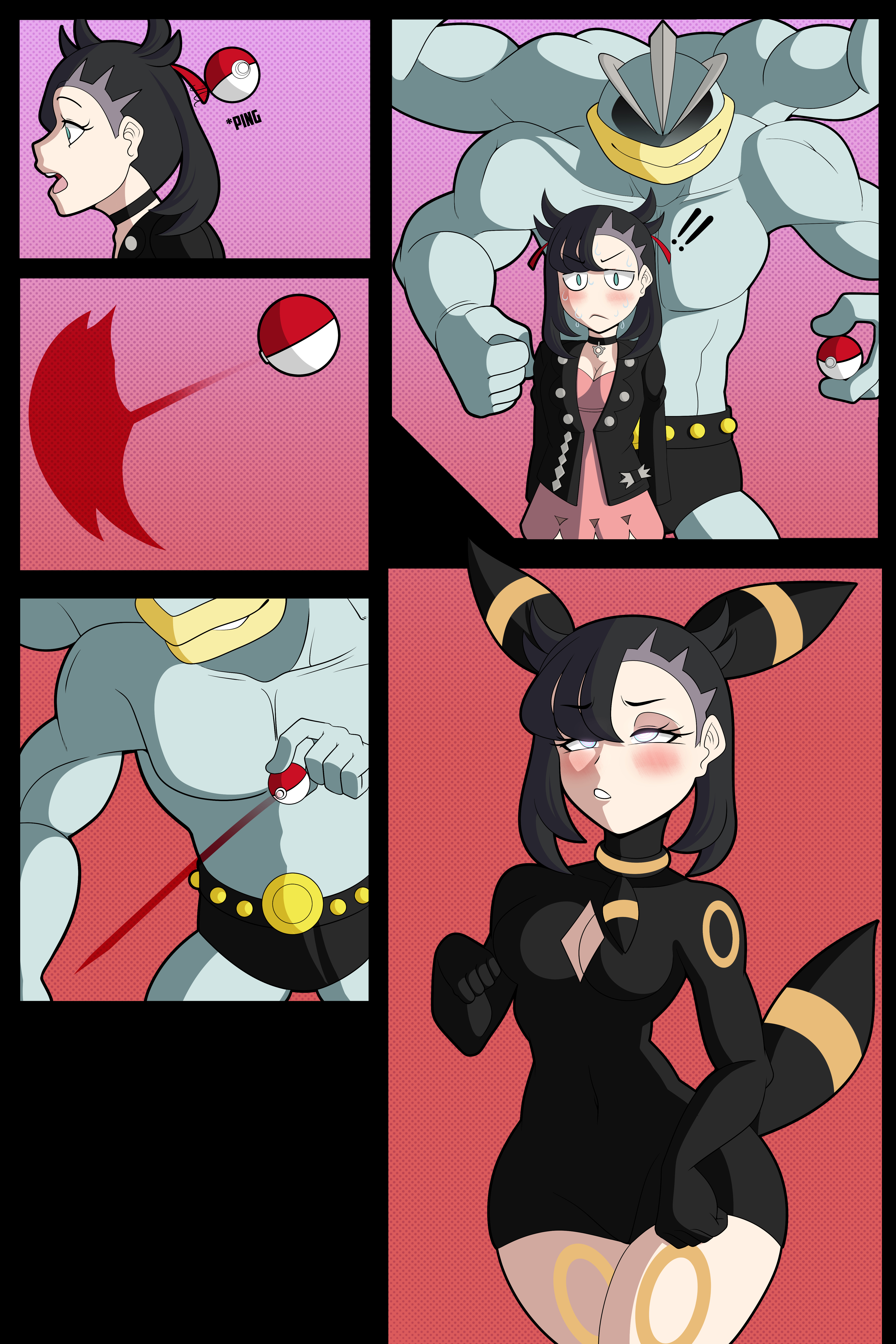 1boy, 1girls, 2026, 2d, animal ears, animal tail, anthro on human, background, bangs, black hair, blank eyes, blush, blushing, breast cutout, captured, captured by pokeball, choker, clothed, clothes, clothing, color, colored, comic page, commission, commissioner upload, dazed, dress, female, female focus, goth, gradient background, human, hypnosis, light skin, light-skinned female, machamp, marnie (pokemon), mind control, onomatopoeia, pigtails, pokeball, pokegirl, pokegirl as pokemon, pokemon, pokemon (species), pokemon ss, pokemon swsh, released from pokeball, senpailove, tail, transformation, umbreon, wide hips