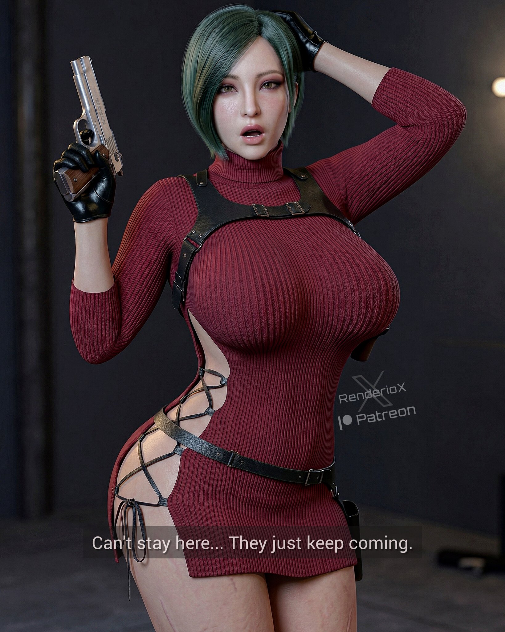 1girls, 2026, 3d, 3d model, 3d render, ada wong, asian, asian female, ass, big ass, big breasts, big butt, big thighs, black gloves, black hair, breasts, brown eyes, butt, capcom, gloves, gun, handgun, huge ass, huge breasts, huge butt, huge thighs, large ass, large butt, leather gloves, looking at viewer, mouth, mouth open, pale skin, pale-skinned female, renderiox, resident evil, resident evil 4, resident evil 4 remake, shiny skin, shiny thighs, short hair, skimpy, skimpy clothes, solo, solo female, solo focus, suggestive, suggestive pose, teeth, teeth showing, text, text box, thick thighs, thighs, watermark, white skin, white skinned female