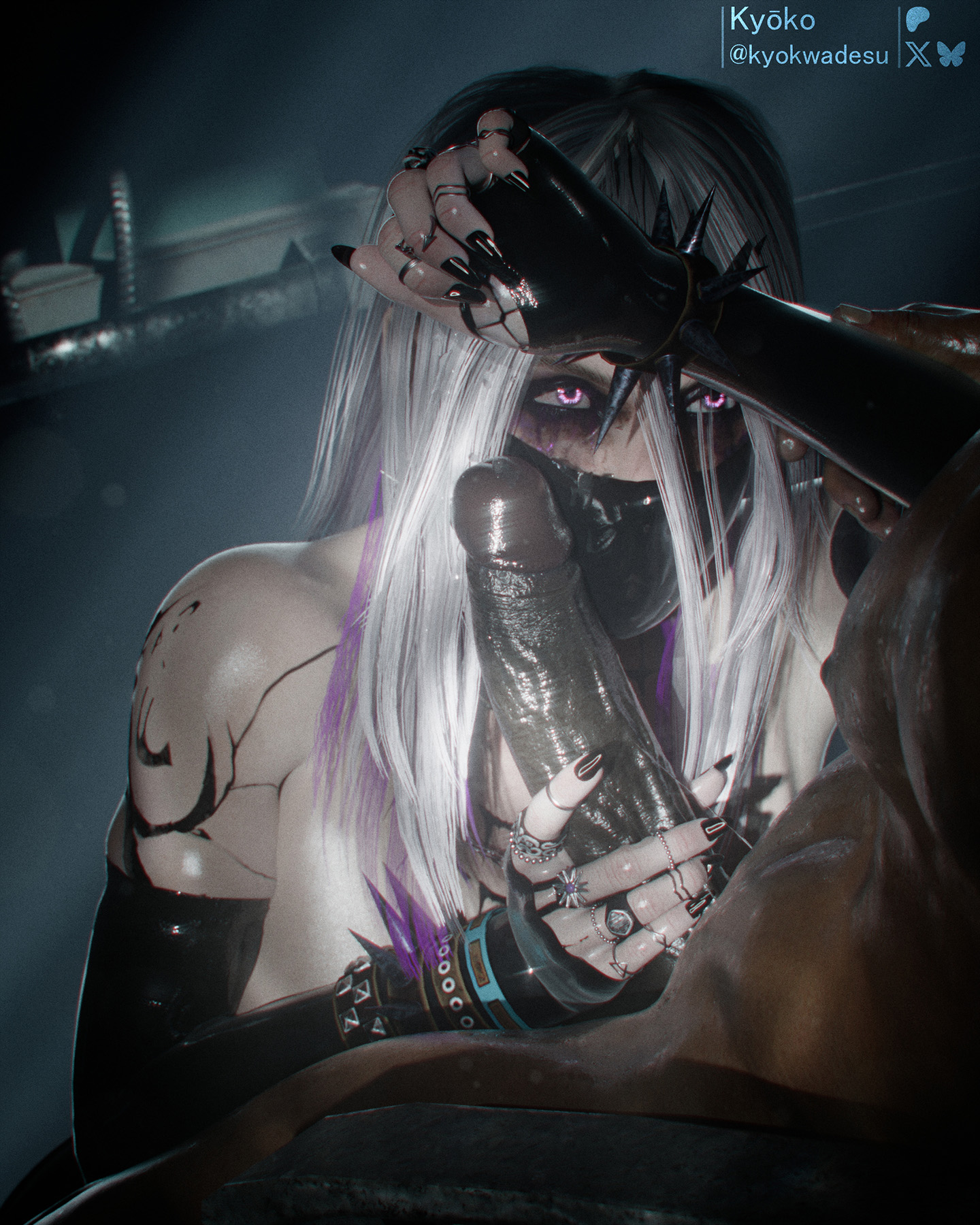 1boy, 1boy1girl, 1girls, 2026, 3d, 3d (artwork), big penis, black nails, dark skin, dark-skinned male, dbd, dead by daylight, erect penis, erection, female, handjob, imminent oral, interracial, kyokwadesu, light skin, light-skinned female, long nails, looking at partner, male, male on female, mask, multicolored hair, pink eyes, pink hair, purple hair, sable ward, spiked bracelet, tagme, unseen male face, white hair
