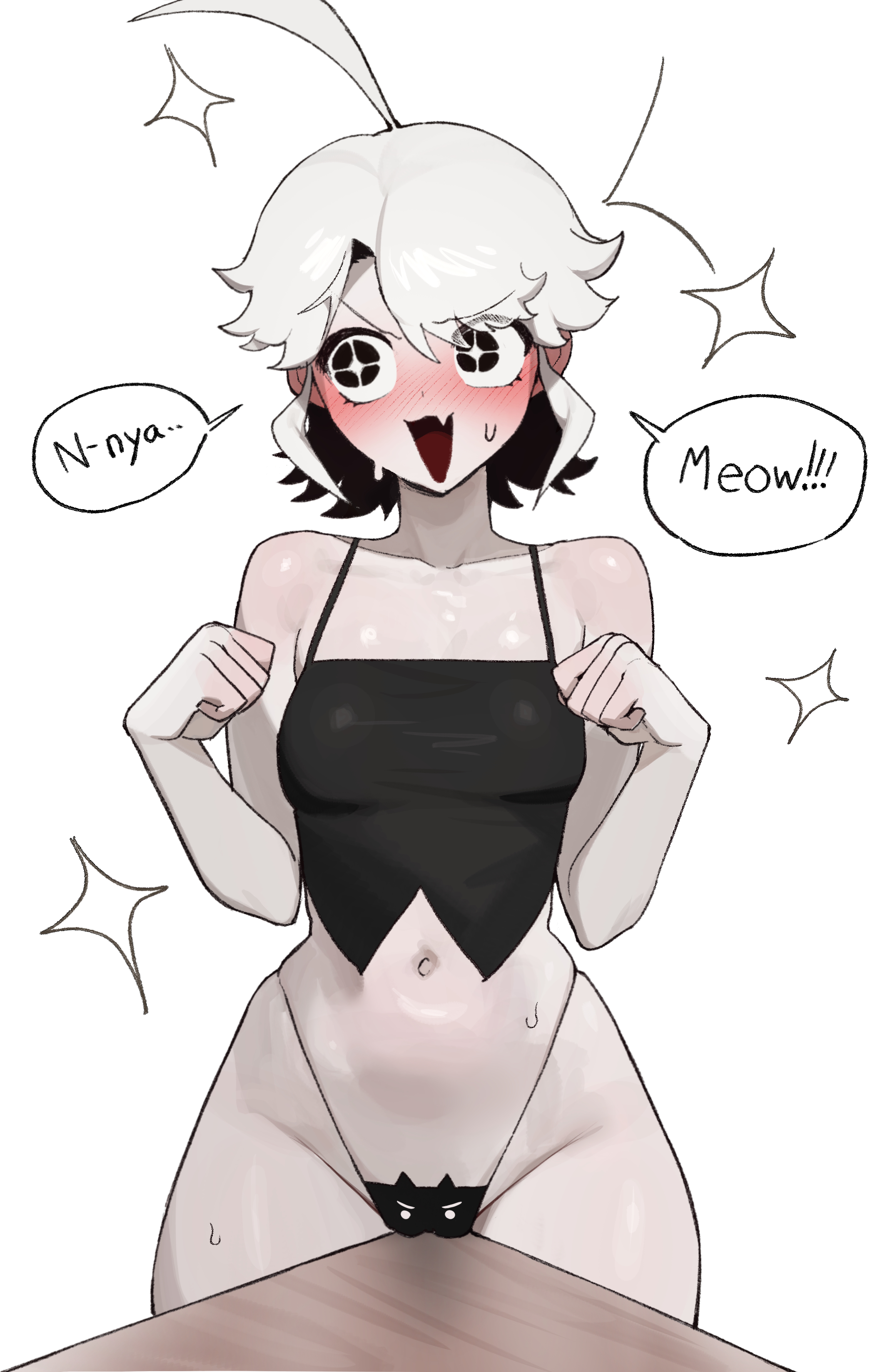 :3, :d, 1girls, ahoge, black eyes, blush, camisole, cute fang, female, female only, g-string, highleg, highleg panties, light skin, light-skinned female, menchi (oc), navel, panties, radon1014, short hair, small breasts, solo, speech bubble, star-shaped pupils, thong, white hair