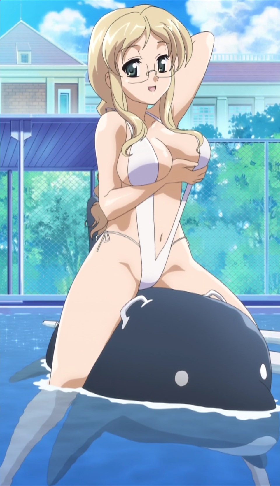 blonde_hair breasts cap cleavage dolphin eyewear glasses hair highres inflatable_raft kamishiro_yukari kamishiro_yukari_(nogizaka) kamishiro_yukari_(nogizaka_haruka) long_hair nogizaka_haruka_no_himitsu pool screencap sling_bikini stitched swimsuit