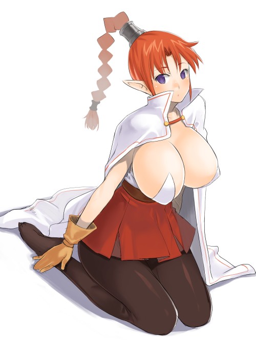 1girls braid breasts cape chrono_trigger cleavage female flea gloves huge_breasts nagase_haruhito pantyhose pointy_ears ponytail purple_eyes red_hair rule_63 sitting skirt solo tied_hair