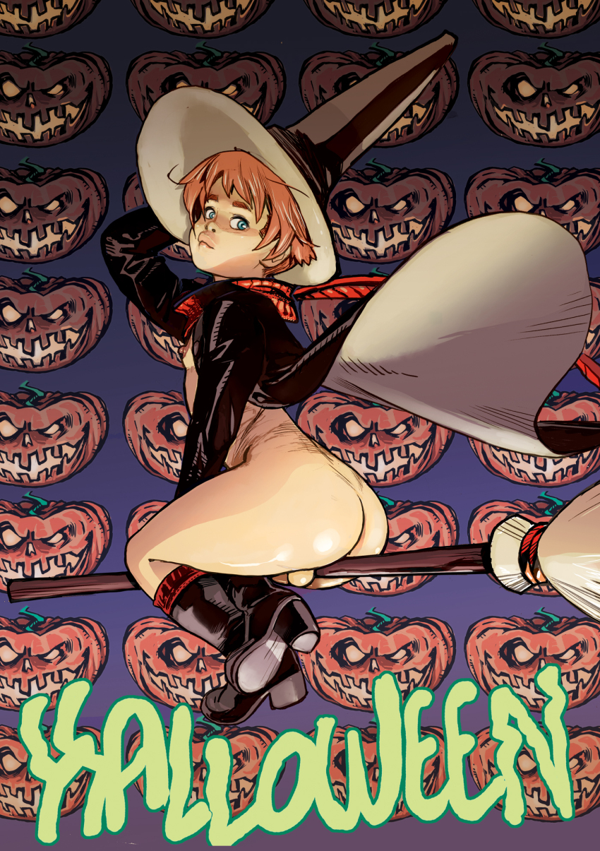 ass balls beige_skin blue_eyes broom color crossdressing femboy ginger_hair girly halloween hat jjfrenchie male male_only solo trap witch