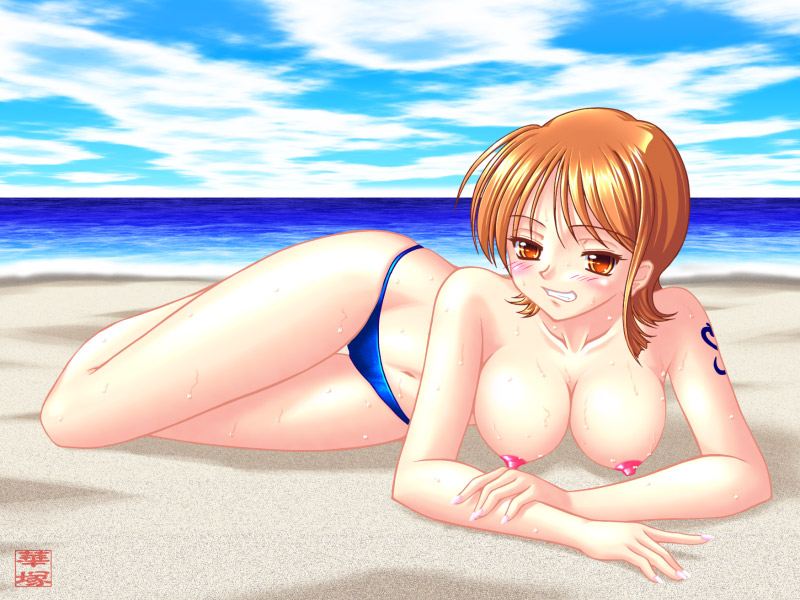 beach blush breasts color day female female_only hair hanazuka_ryouji human lying nami nipples one_piece orange_hair outdoors pre-timeskip repeated_image solo straight_hair tagme topless