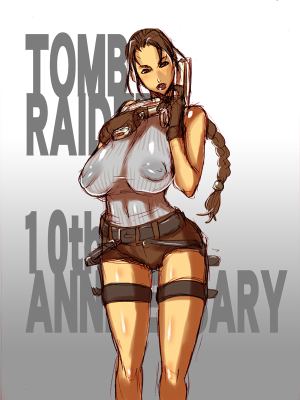 2006 areolae bare_shoulders big_breasts braid breasts brown_hair busty female female_focus female_only gun handgun hotpants hourglass_figure huge_breasts huge_nipples human lara_croft lara_croft_(l.a.u.) lips nipples pistol short_shorts shorts sleeveless sleeveless_turtleneck solo tagme tomb_raider tomb_raider_(l.a.u.) turtleneck weapon wide_hips yukiguni_eringi