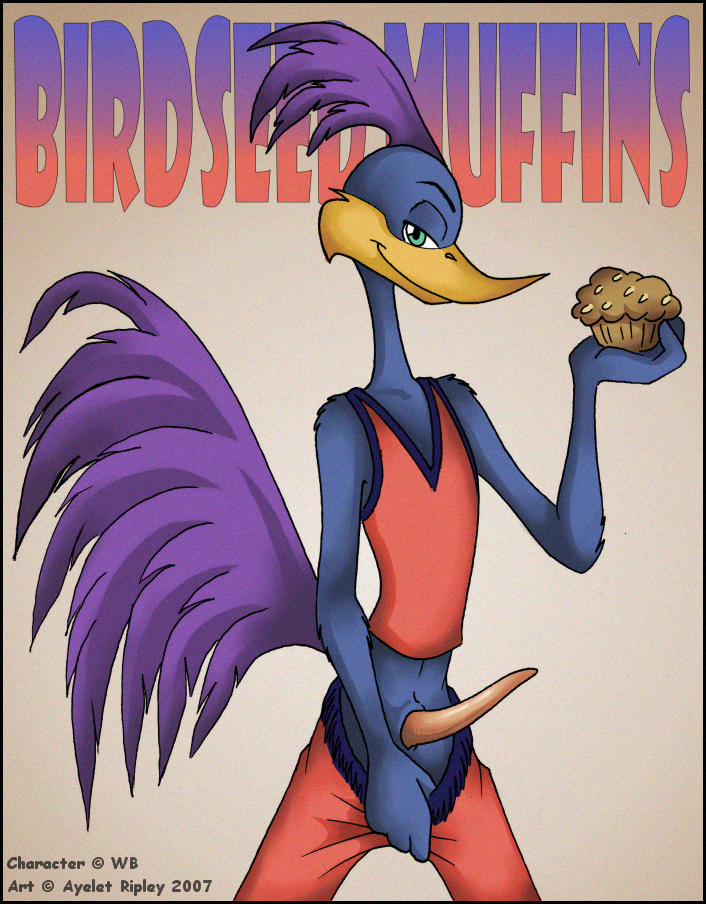 anthro beak bird clothes erection holding loonatics_unleashed looney_tunes male male_only penis rev_runner roadrunner smile soft_feathers solo standing tagme text