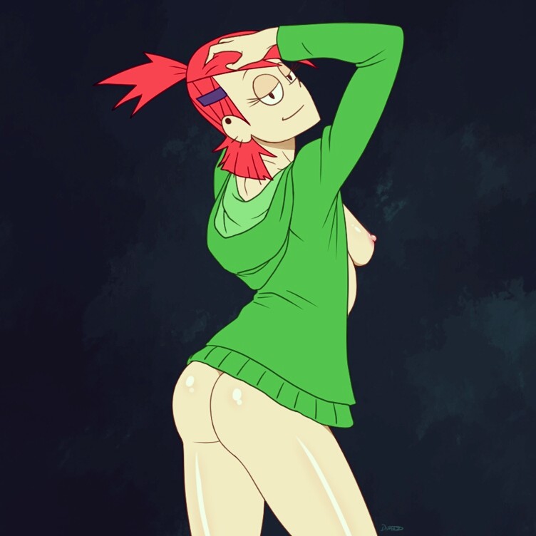 1girls arched_back ass black_eyes breasts cartoon_network ear_piercing eyelashes female female_only foster's_home_for_imaginary_friends frankie_foster hairclip hoodie human kasugokage88 looking_at_viewer naked_hoodie nipples nude ponytail raised_arm red_hair sideboob simple_background smile solo standing tied_hair