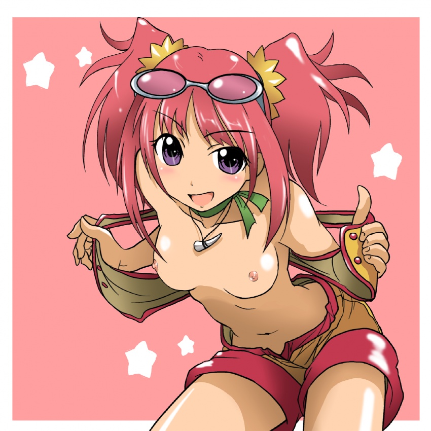 1girls breasts clothing dinosaur_king glasses kakkii nipples pink_hair purple_eyes ribbon ribbons shorts small_breasts tatsuno_malm tied_hair topless twintails zoe_drake