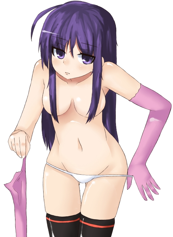 gloves kagami_yuu long_hair lowleg lowleg_panties malariya panties purple_eyes purple_hair quiz_magic_academy thighhighs topless underwear undressing