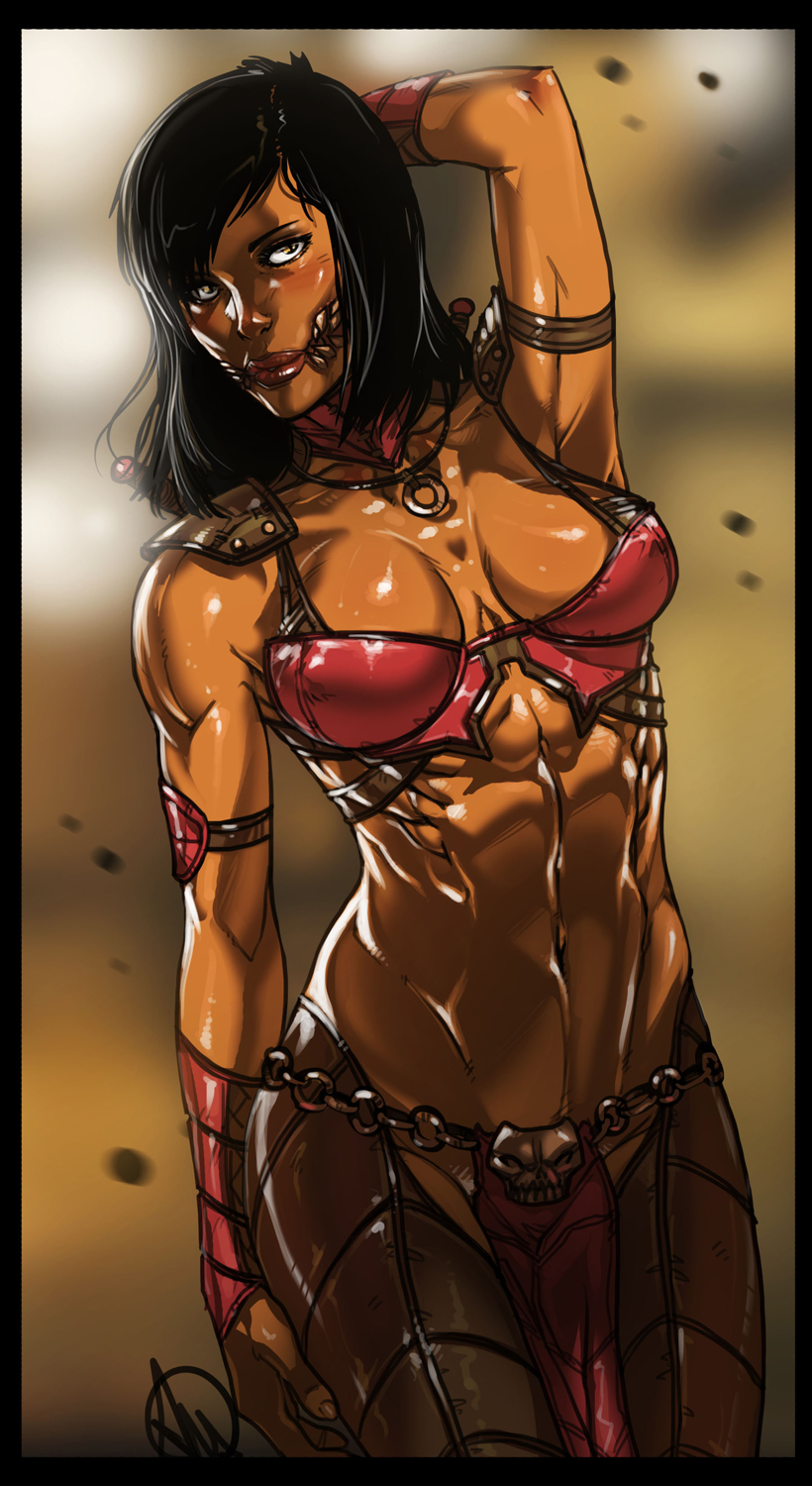 1girls, 2d, abs, arm behind head, armband, armpits, black hair, blush, breasts, chaps, cleavage, detached collar, detached sleeves, fangs, female, female only, ganassa, hand on head, highres, loincloth, looking at viewer, mileena, mortal kombat, mortal kombat x, navel, netherrealm studios, oil, pose, short hair, shoulder pads, skull, solo, solo female, yellow eyes