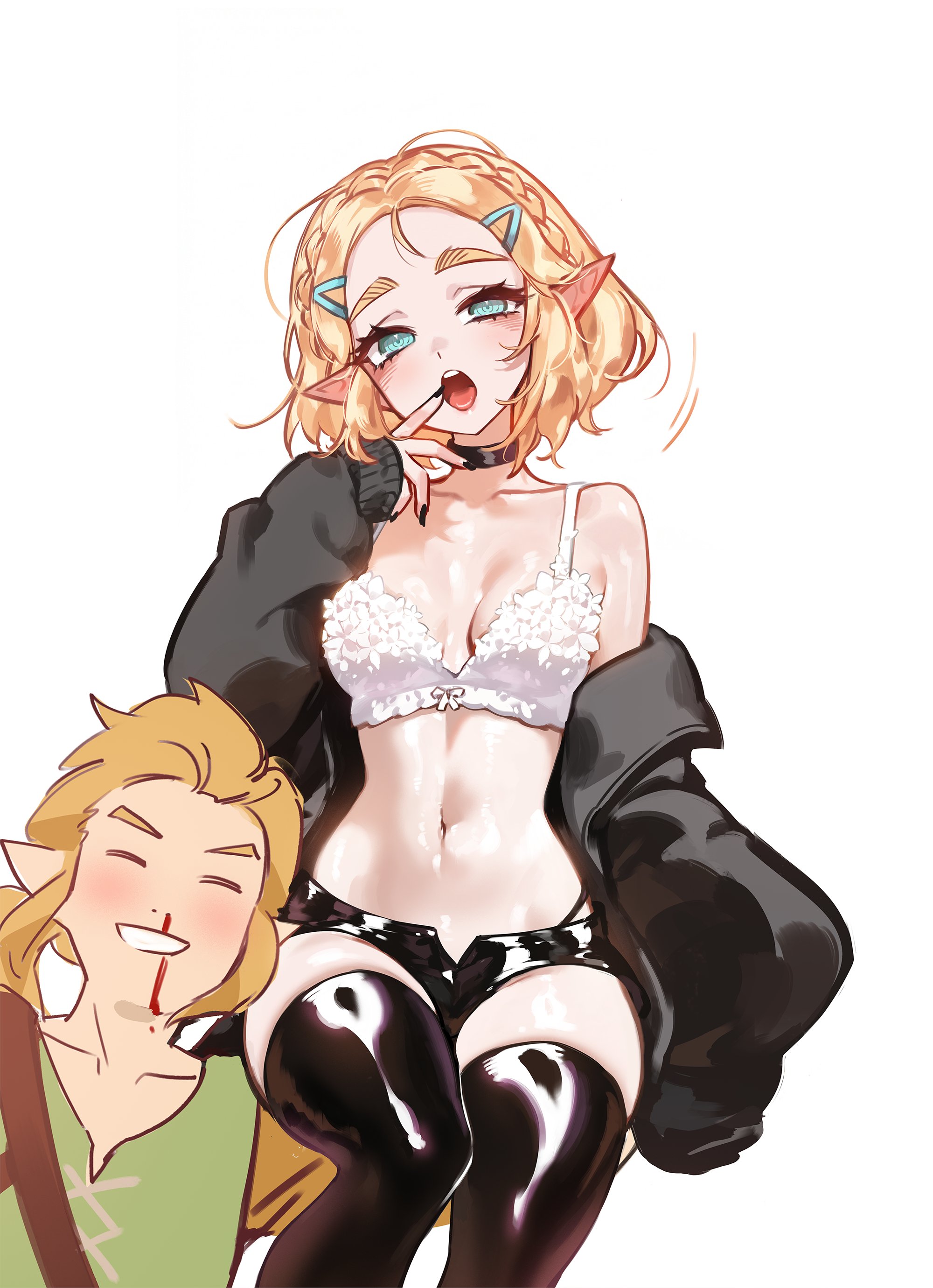 1boy, 1girls, 2026, 2d, blonde hair, female, foolish potato, highres, jacket, leggings, light skin, light-skinned female, lingerie, link, male, nintendo, nosebleed, open mouth, princess zelda, shorts, tears of the kingdom, the legend of zelda, zelda (tears of the kingdom)