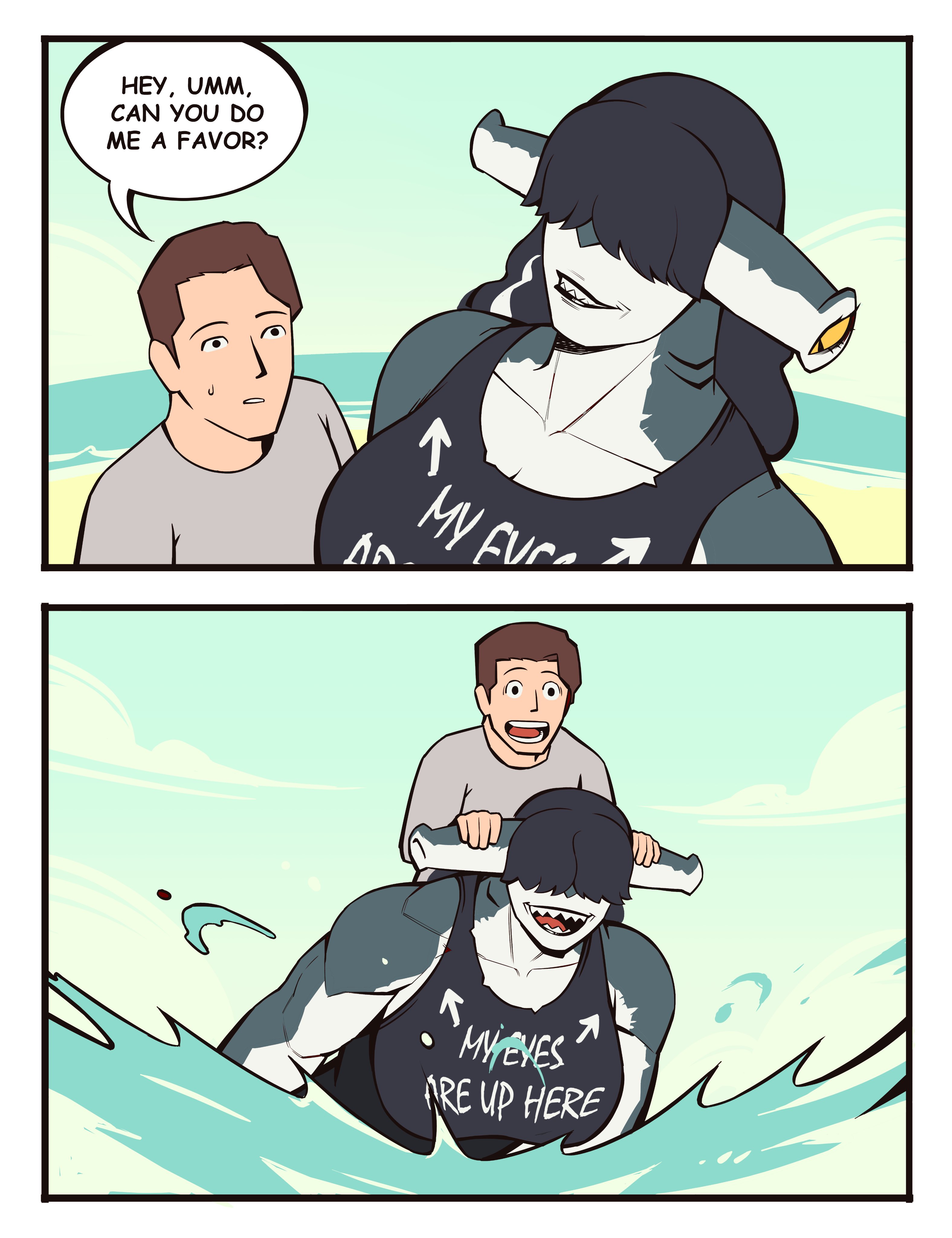 2koma, big breasts, black hair, bonnymama7, boonie baby, breasts, comic, hammerhead shark, happy, height difference, large breasts, ocean, riding, riding on back, shark girl, tank top, wholesome