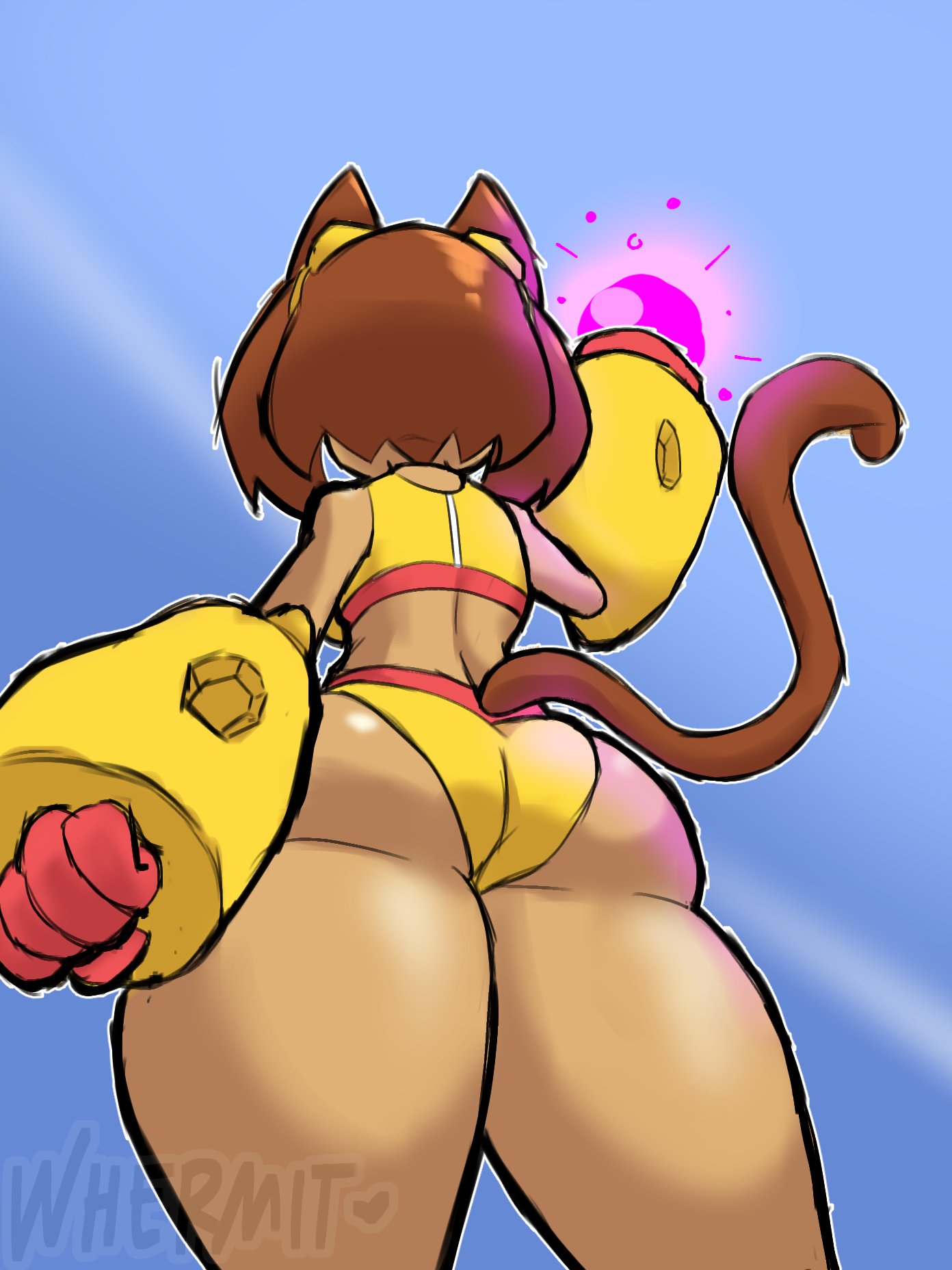 1girl, arm cannon, ass, ass focus, battle ready, bikini, bottom heavy, cat ears, cat girl, cat tail, catgirl, dat ass, fanart, fanart from twitter, female, female only, gameoverse, kit (gameoverse), rear, rear view, short hair, solo, thicc, thicc thighs, thick ass, whermit