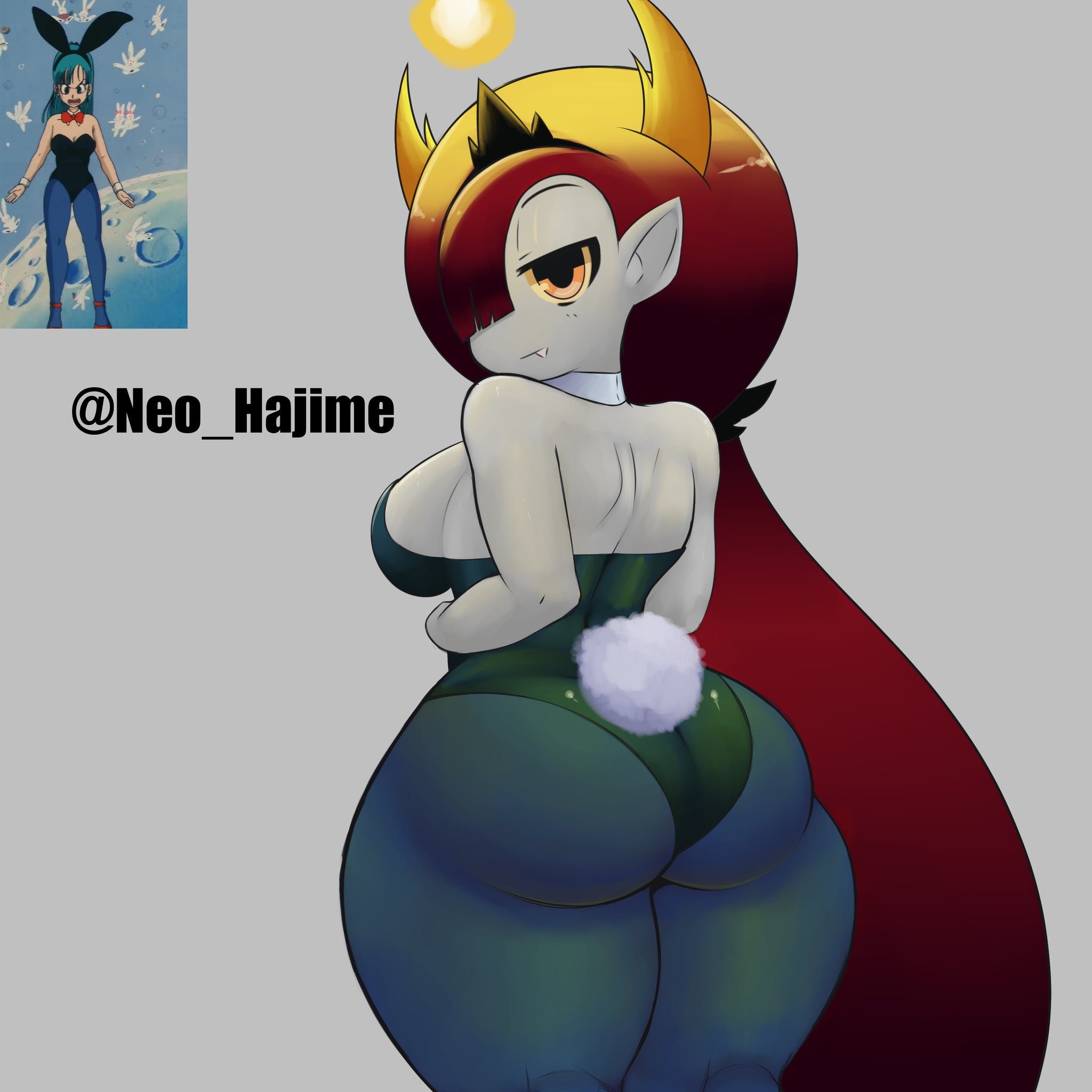 ass, big ass, big breasts, breasts, bunnysuit, cute fang, disney, disney channel, disney xd, female, fire, hekapoo, long hair, looking back, massive ass, neo hajime, one eye covered, orange eyes, pointy ears, red hair, reference image, sideboob, star vs the forces of evil, thick thighs, very long hair, yellow sclera