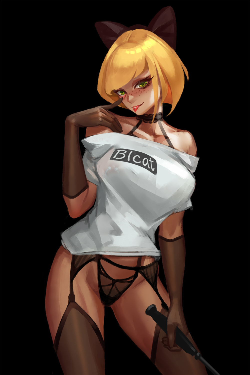 areolae artist_name blcat blcat4444 blonde_hair blush breasts color freckles garter garter_belt garter_straps gloves green_eyes long_penis midriff nipple_piercing nipples piercings slim stockings straps t-shirt tongue_out tongue_piercing underwear whip