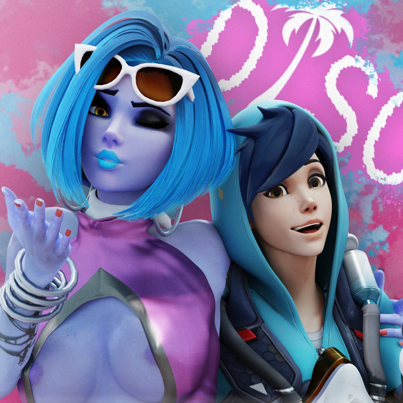 1girls, 2girls, 3d, alternate costume, areolae, blender, blizzard entertainment, breasts, british, brown eyes, cote d'azur widowmaker, cute, dark blue hair, discko, discko widowmaker, earrings, european, eyeliner, eyeshadow, female, female only, freckles, fringe, graffiti tracer, hood up, hoodie, hoop earrings, hoop earrings oversized, light skin, light-skinned female, looking at viewer, nipples, overwatch, pale skin, pale-skinned female, petite, short hair, skimpy, skimpy clothes, slim, smile, spiky hair, teenager, tracer, widowmaker, yellow eyes