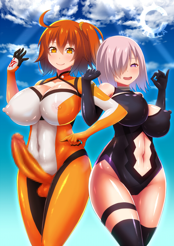 1futa 1girls alternate_costume balls blush bodypaint breasts censored chaldea_combat_uniform cilica cleavage closed_mouth clothing_skin curvy dickgirl elbow_gloves erect_nipples erection fate/grand_order fate_(series) female female_only fujimaru_ritsuka_(female) futa_with_female futanari gloves gudako hair_over_one_eye heart heart-shaped_pupils huge_breasts intersex looking_at_viewer mash_kyrielight nipples nude open_mouth orange_eyes orange_hair painted_clothes penis ponytail purple_eyes purple_hair shiny shiny_clothes shiny_hair shiny_skin short_hair side_ponytail sky smile symbol-shaped_pupils thick_thighs thighs tied_hair wide_hips