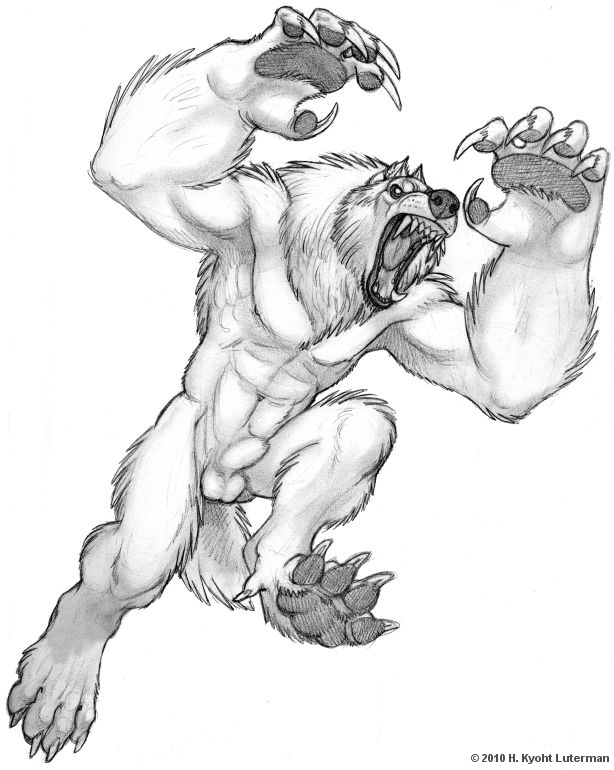 animal_genitalia anthro_only balls canid canine canis claws fangs fully_sheathed hindpaw kyoht kyoht_luterman leaping male mammal no_humans osborne pawpads paws roaring sheath simple_background sketch solo were werecanid werecanine werewolf white_background wolf