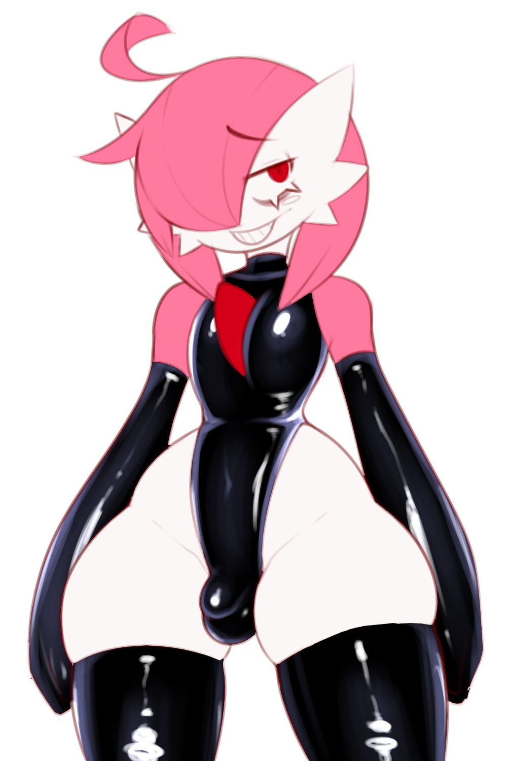 big ass, bulge, femboy, frowntown, gardevoir, latex, male focus, male gardevoir, male only, oc, pink (frowntown), pokemon, solo male, thick thighs, thigh bulge, white skin (monochrome), wide hips