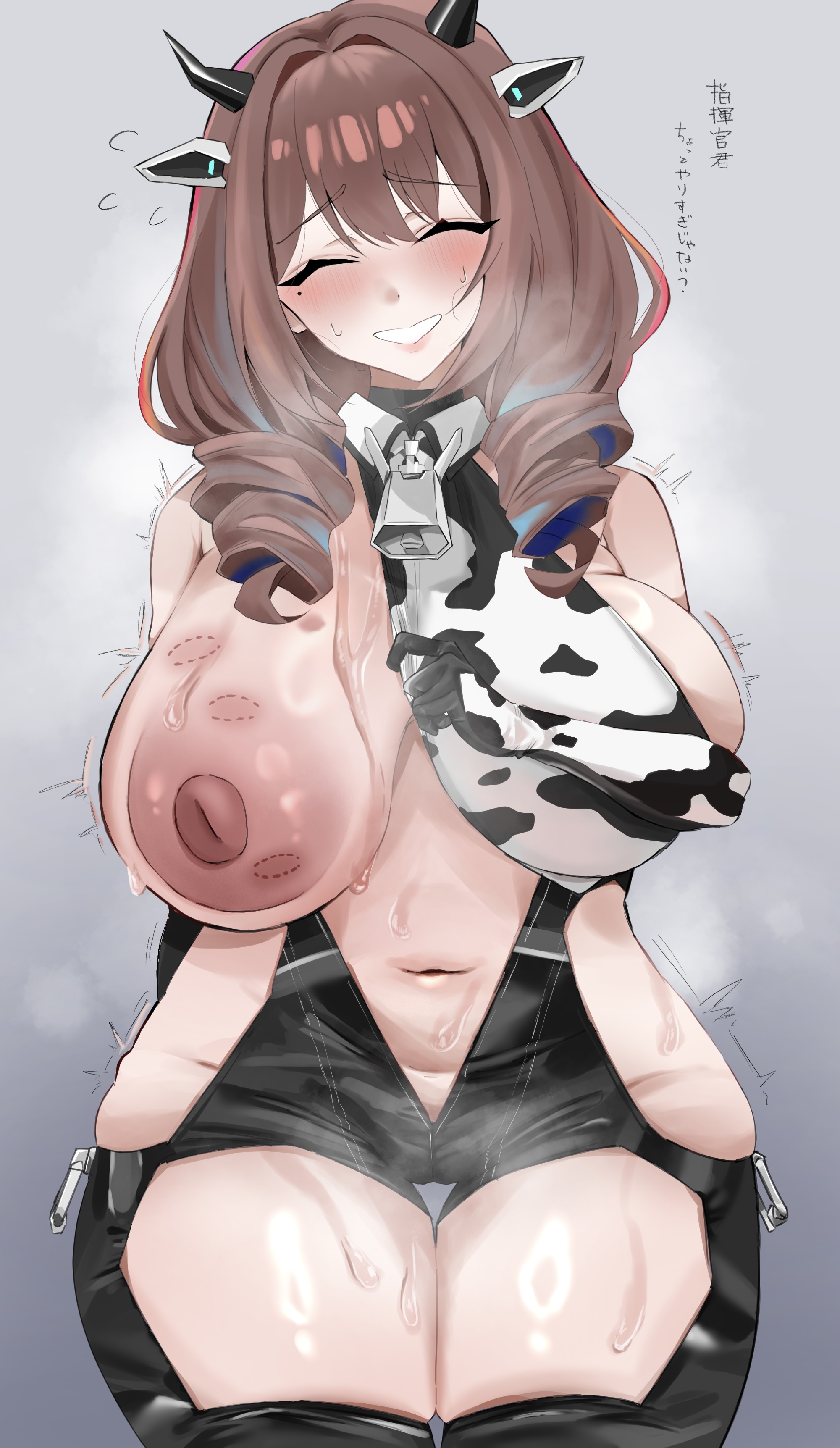 1girls, areolae, armwear, azur lane, belly, belly button, big breasts, bite mark, bite mark on breast, bite marks, black gloves, breasts, brown hair, closed eyes, cow print, cowbell, cowpens (azur lane), fake animal ears, female, female only, hair, hips, huge breasts, japanese text, mol833, mole, mole under eye, nipples, one breast out, revealing clothes, skimpy, skimpy clothes, smile, solo, solo female, steam, steamy, steamy breath, sweat, sweatdrop, sweaty, text, thick thighs, thighs, translation request
