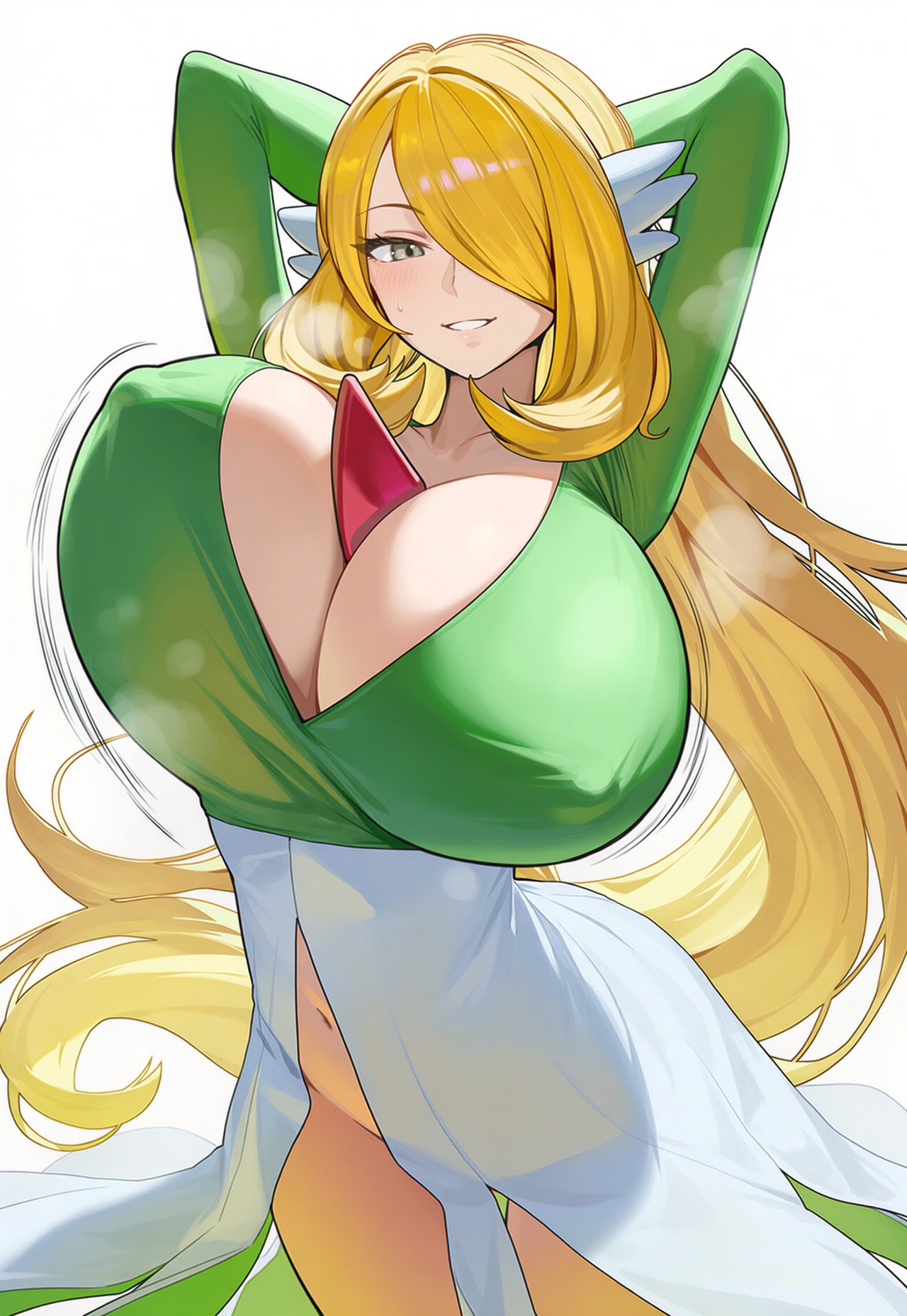 1girls, ai generated, arms behind head, big breasts, blonde hair, bouncing breasts, circle ueponzu, cosplay, cynthia (pokemon), gardevoir (cosplay), huge breasts, looking at viewer, milf, pokemon, pokemon (cosplay), pokemon dppt, tagme